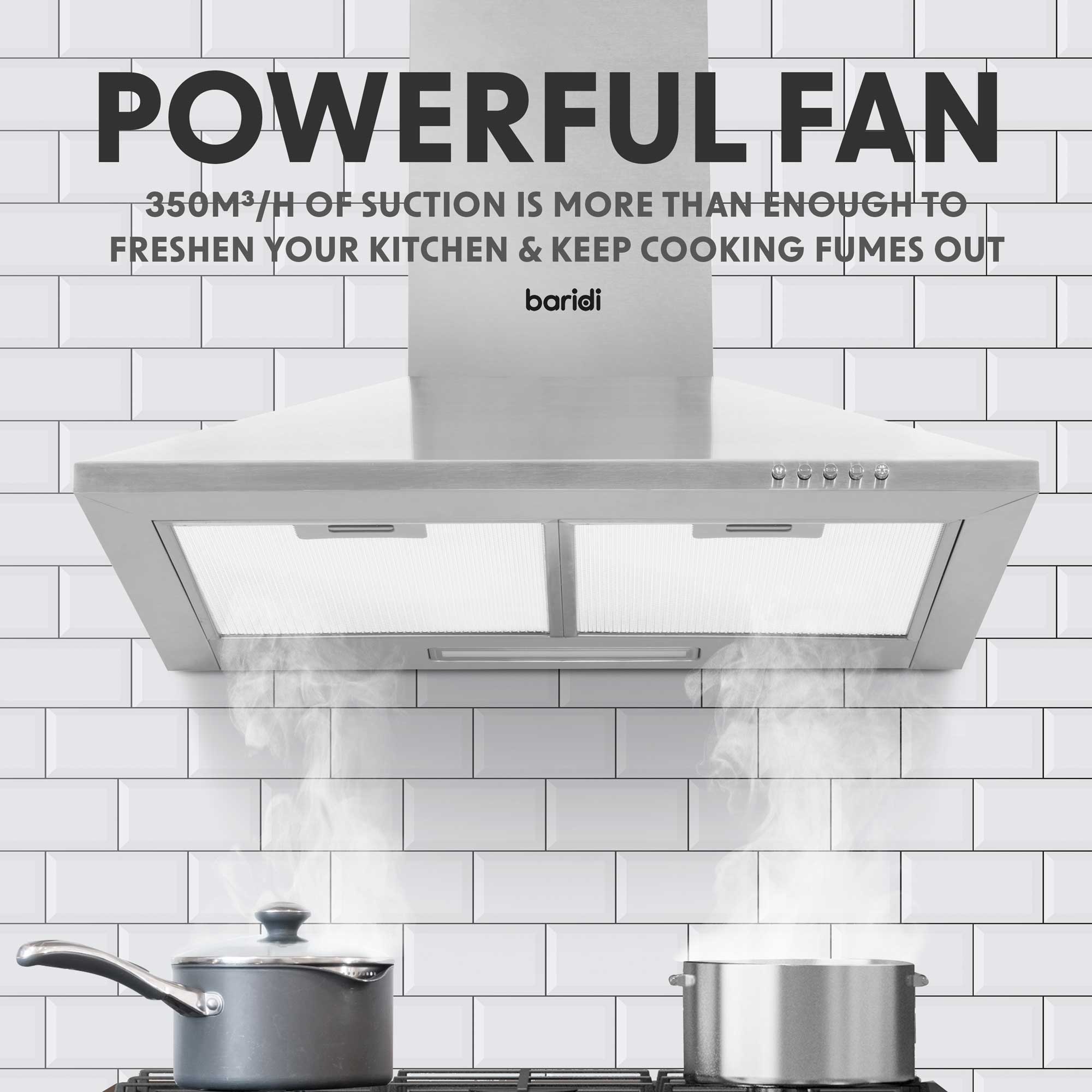 Baridi DH126 Extractor Hoods Action shot - infographic - power - suction