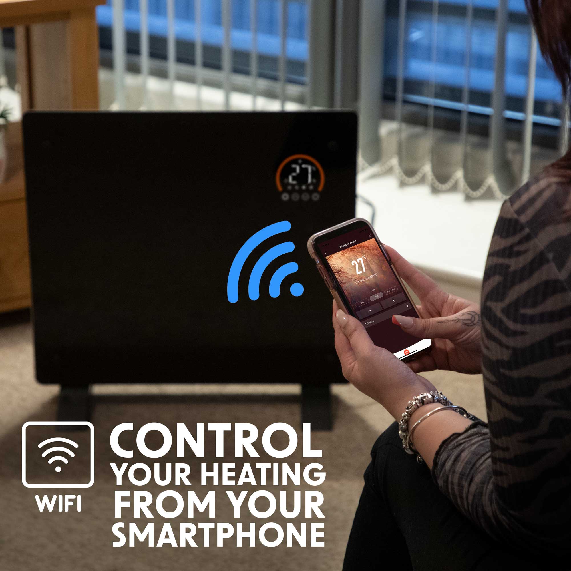 Baridi DH135 Glass Panel Heaters Action shot - wifi