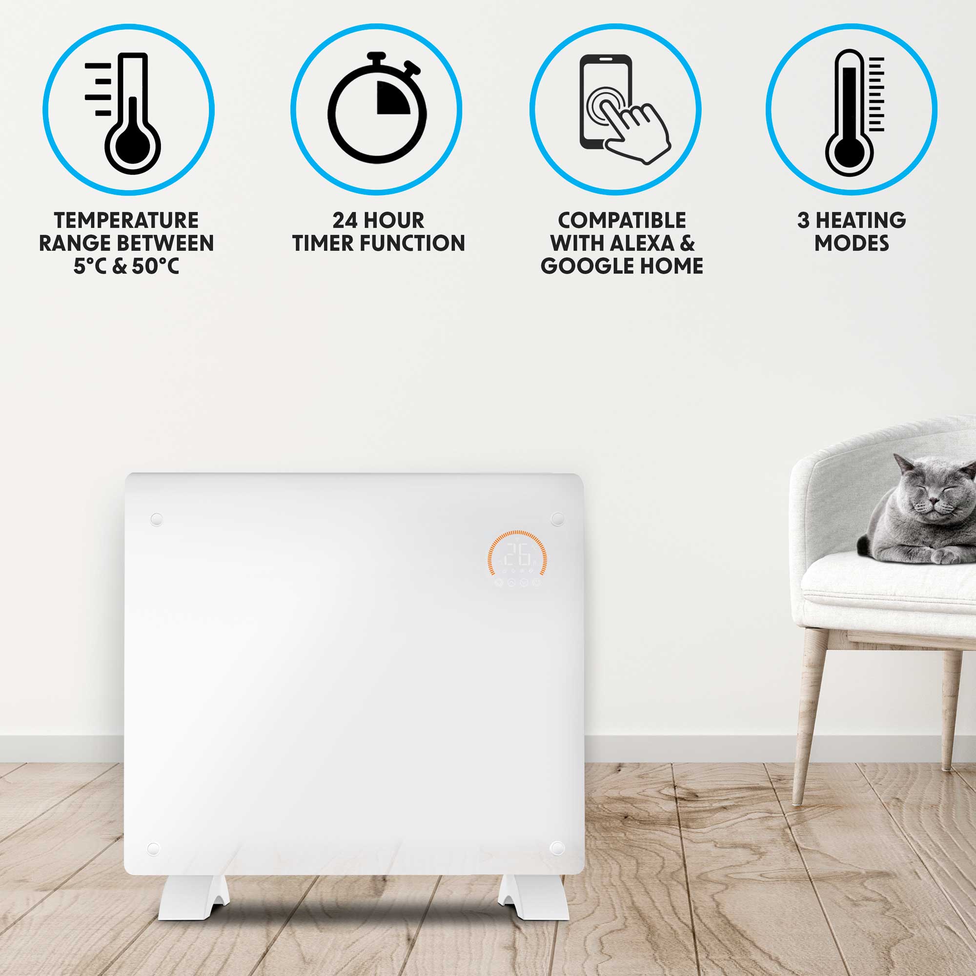 Baridi DH136 Glass Panel Heaters Action shot - temperature - range - infographic