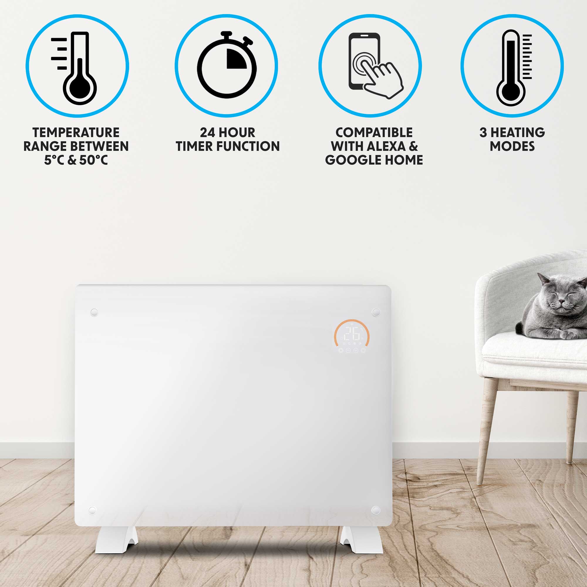 Baridi DH138 Glass Panel Heaters Action shot - temperature - range - infographic