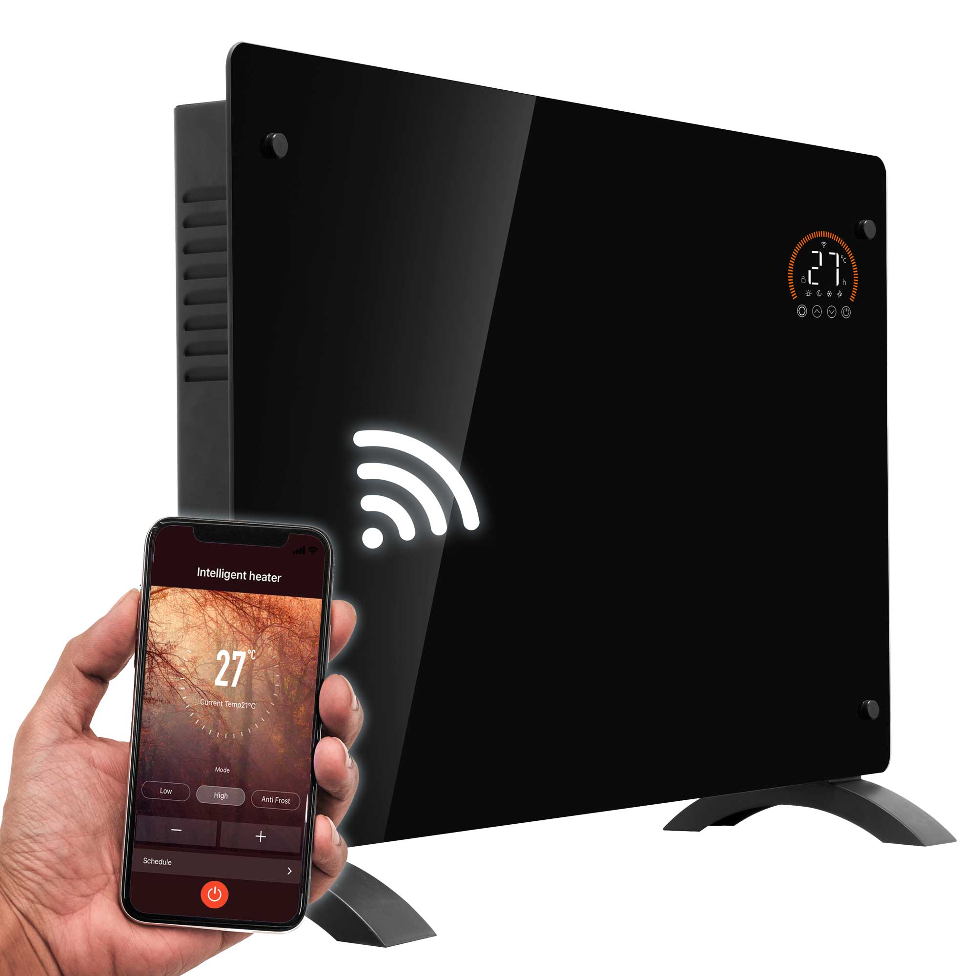 Baridi DH139 Glass Panel Heaters Action shot - with phone