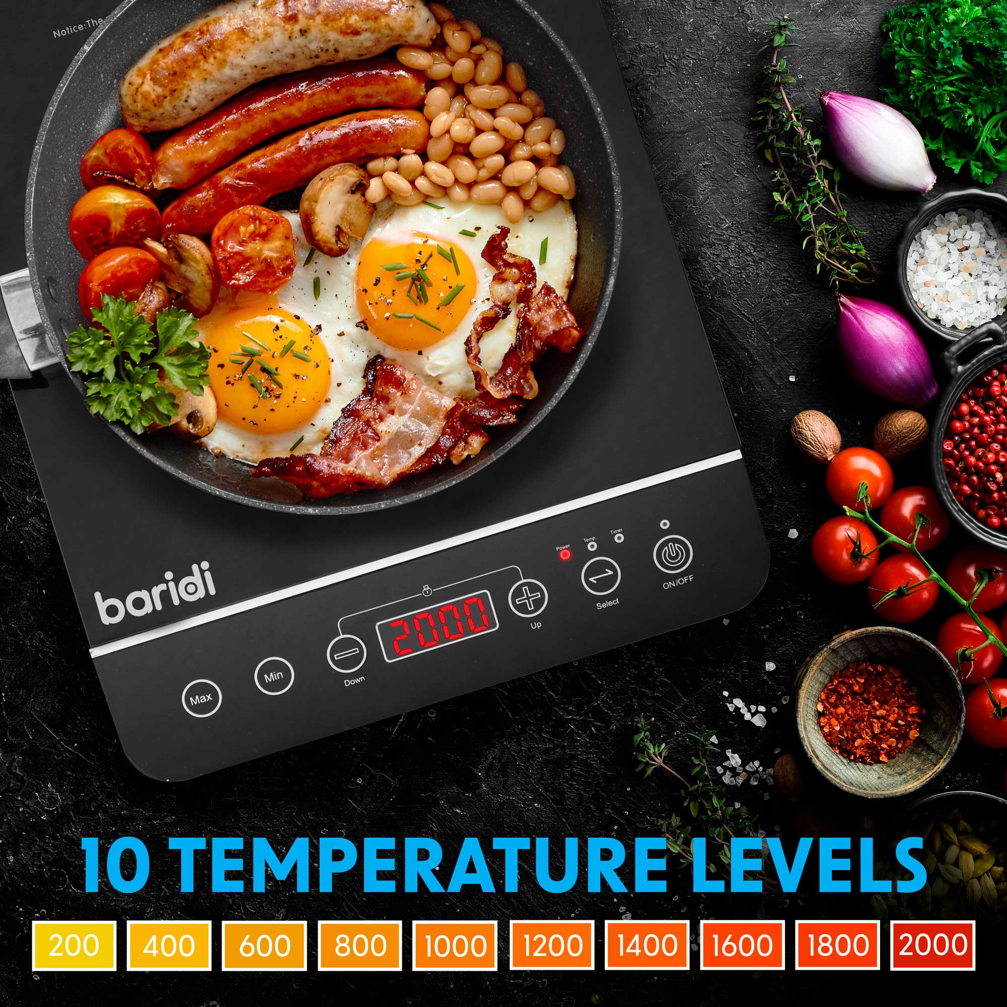 Baridi DH145 Portable Induction Hobs Action shot - temperature - settings