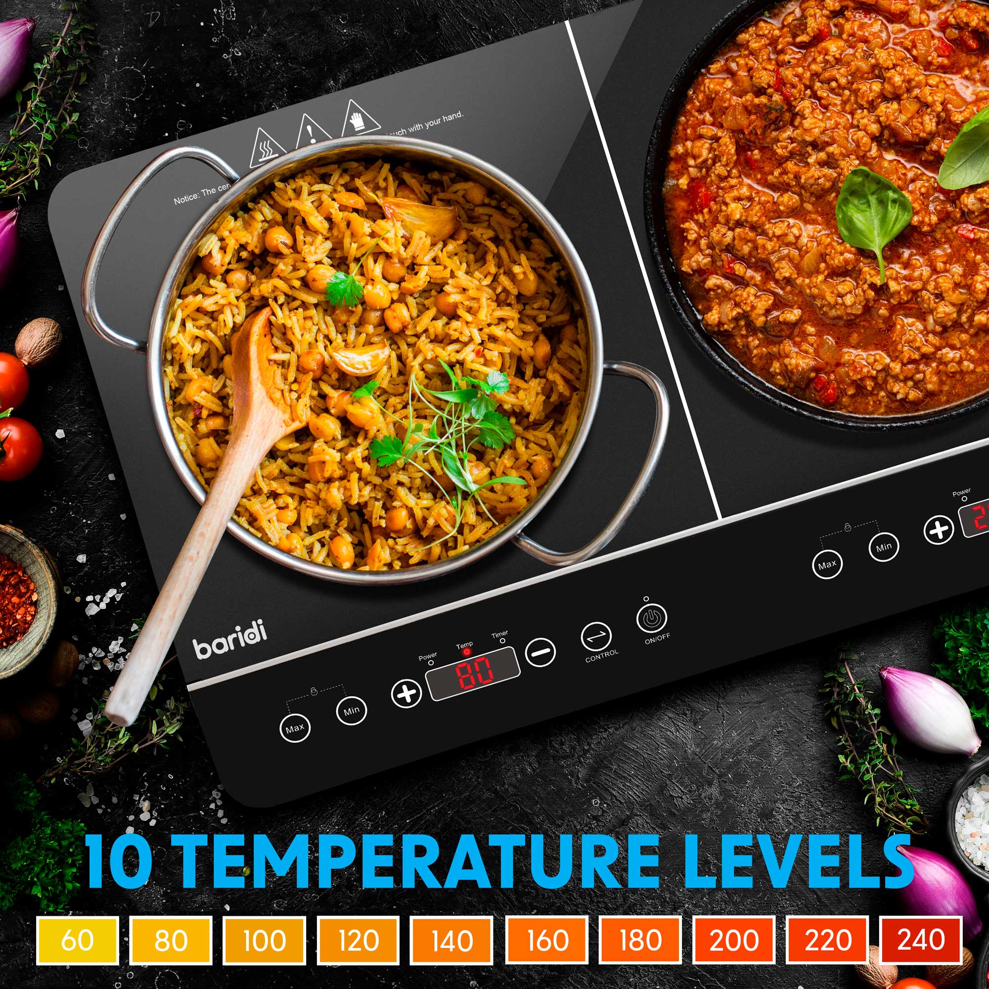 Baridi DH146 Portable Induction Hobs Action shot - temperature - settings