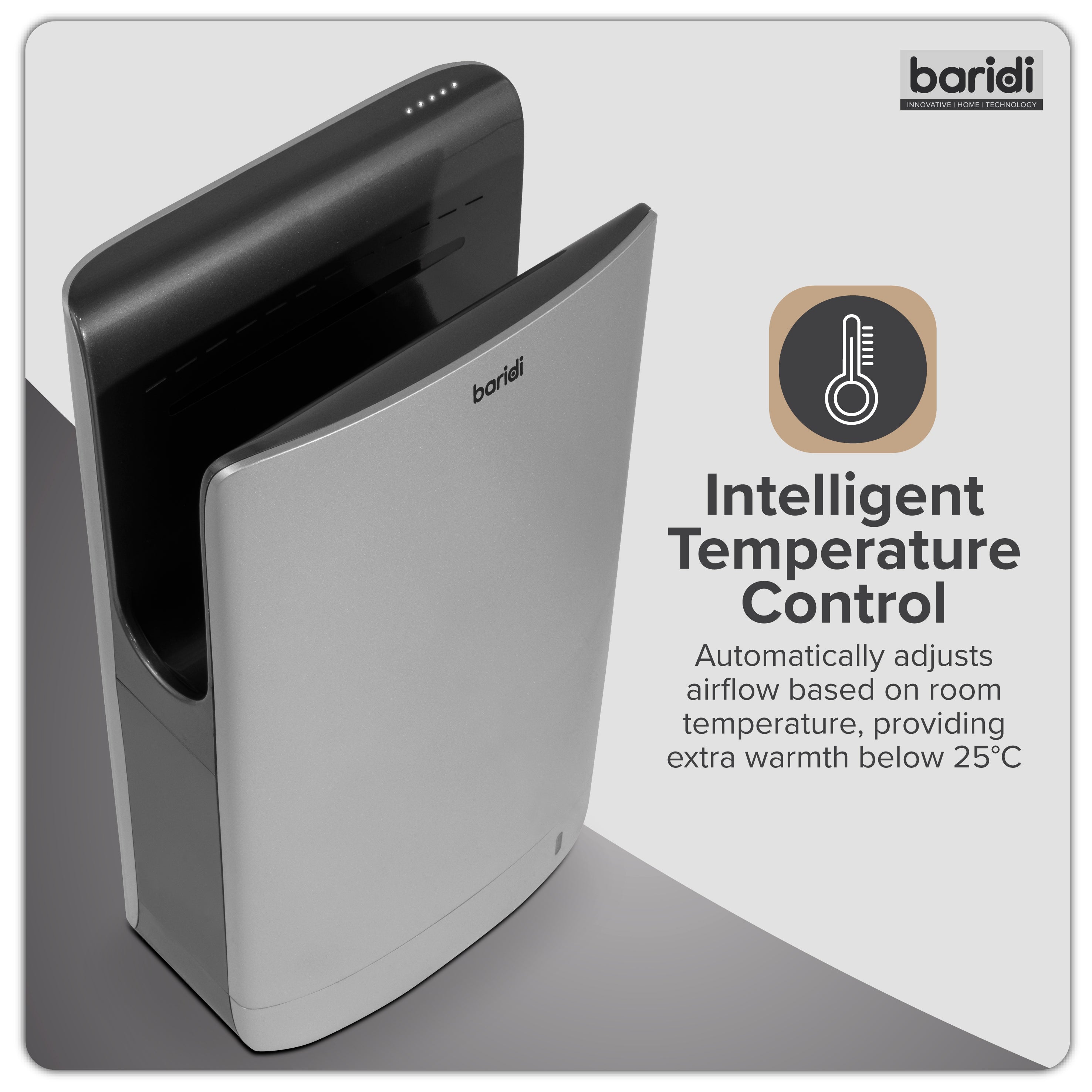 Baridi Hand Dryer with HEPA Filter & Auto-Sensor 1750W/230V, Silver - DH150
