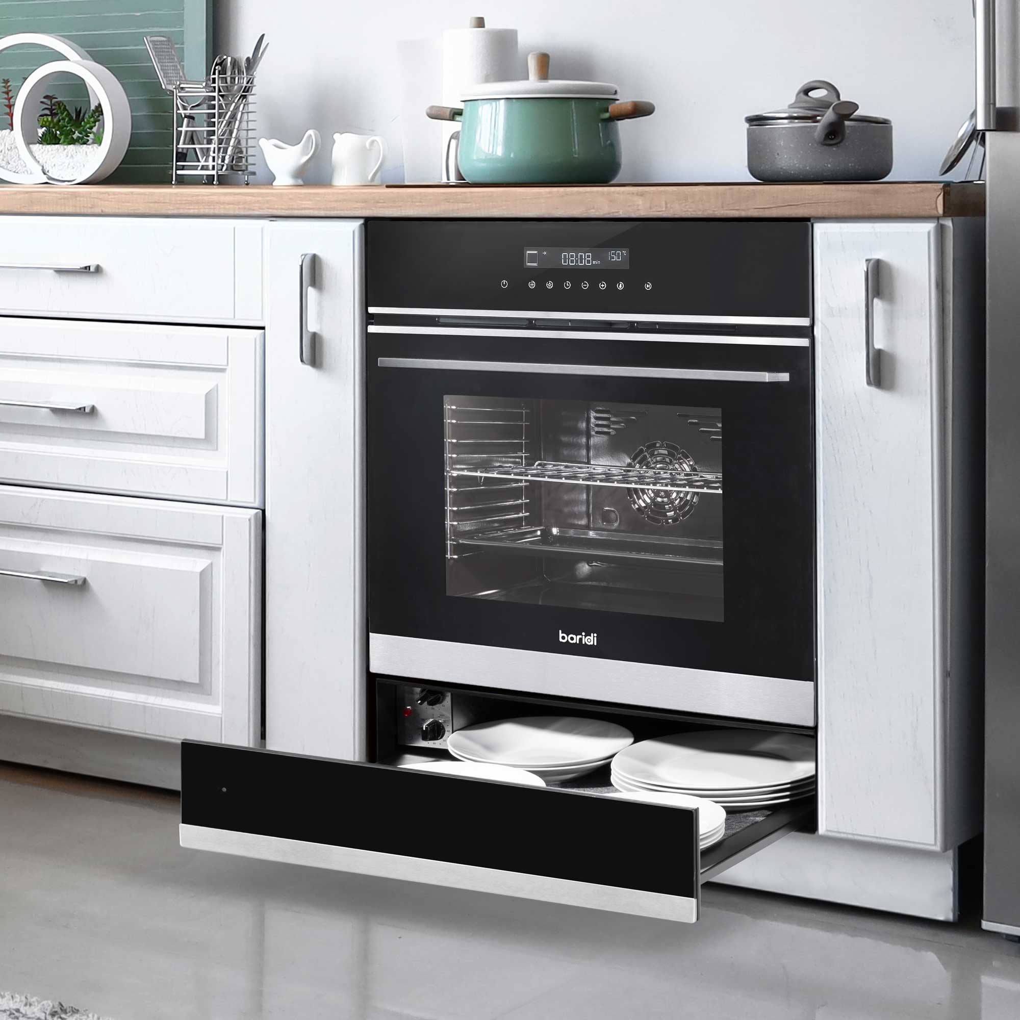 Baridi DH202 Warming Drawer Action shot - open - with oven