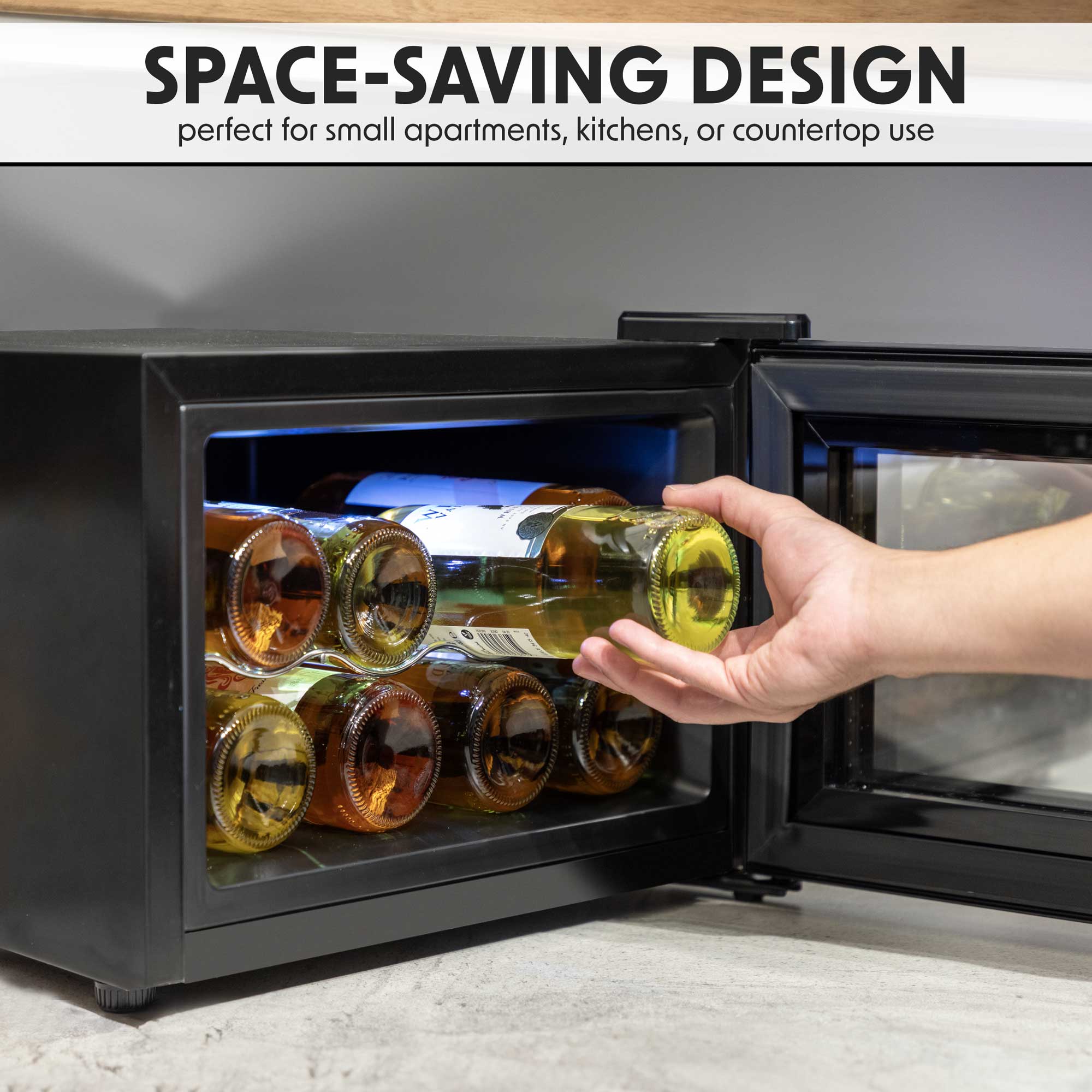 Baridi DH218 Wine Fridges Action shot - space - saving - infographic