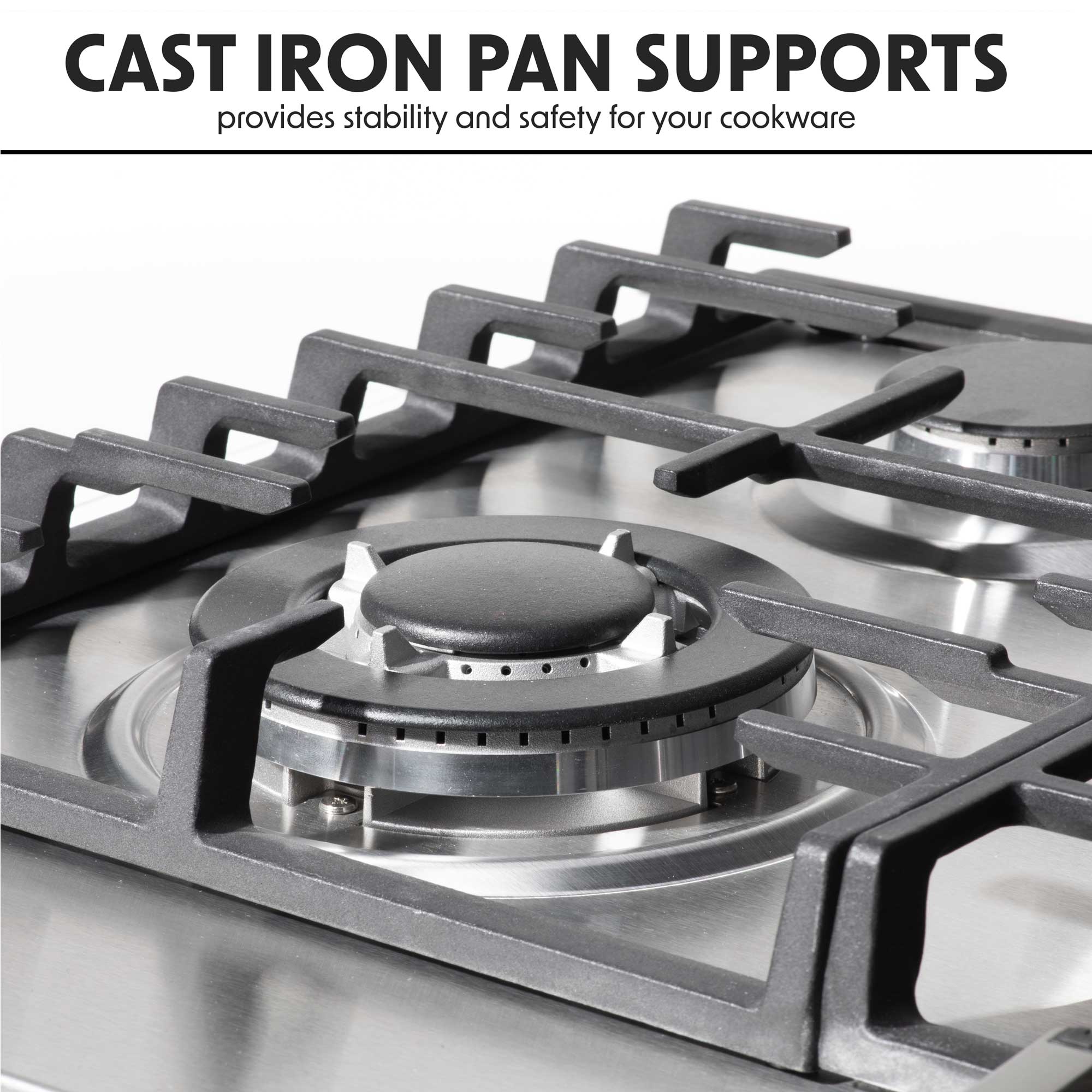 Baridi DH225 Gas Hob Action shot - cast - iron - supports - infogrpahic