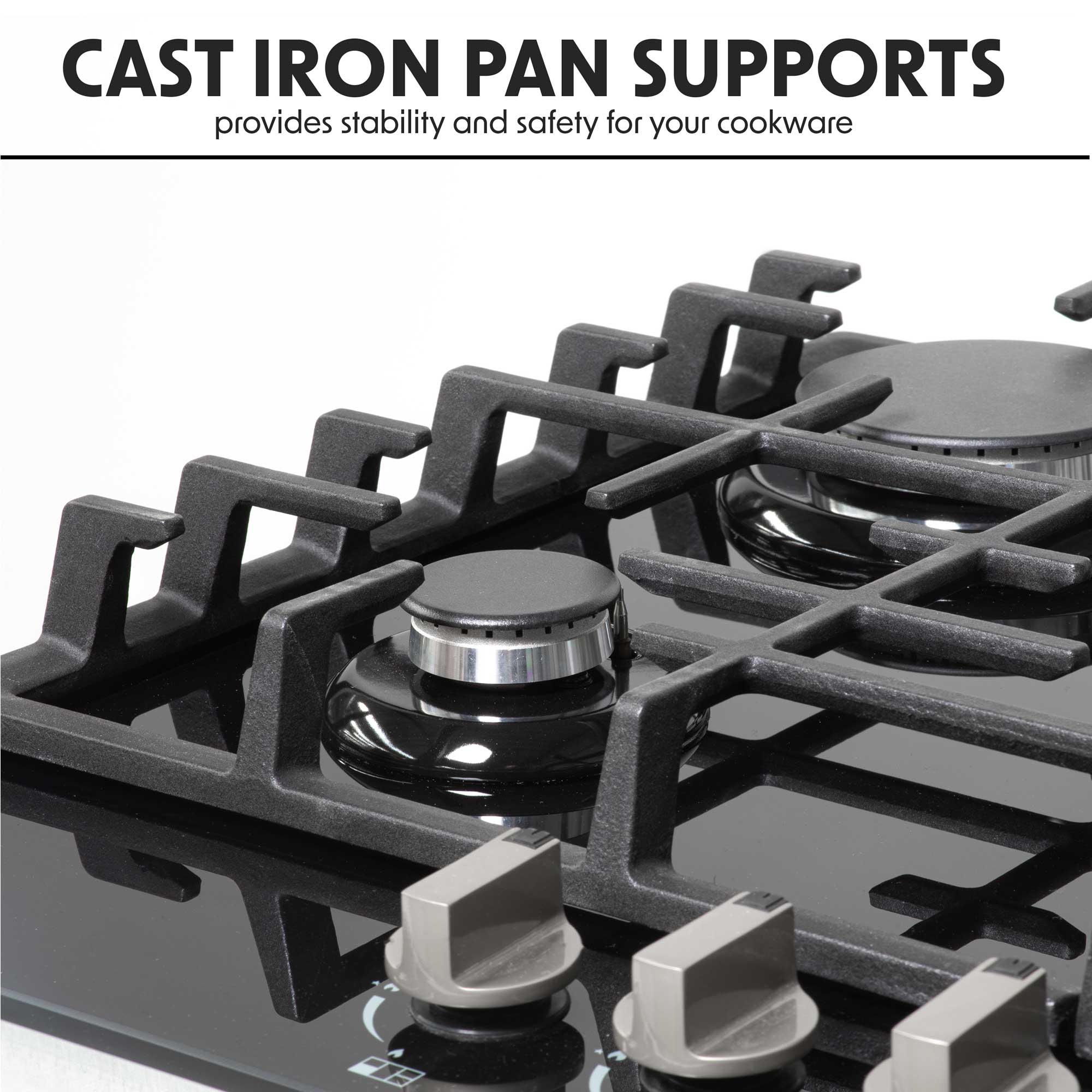 Baridi DH228 Gas Hob Action shot - cast - iron - supports - infogrpahic