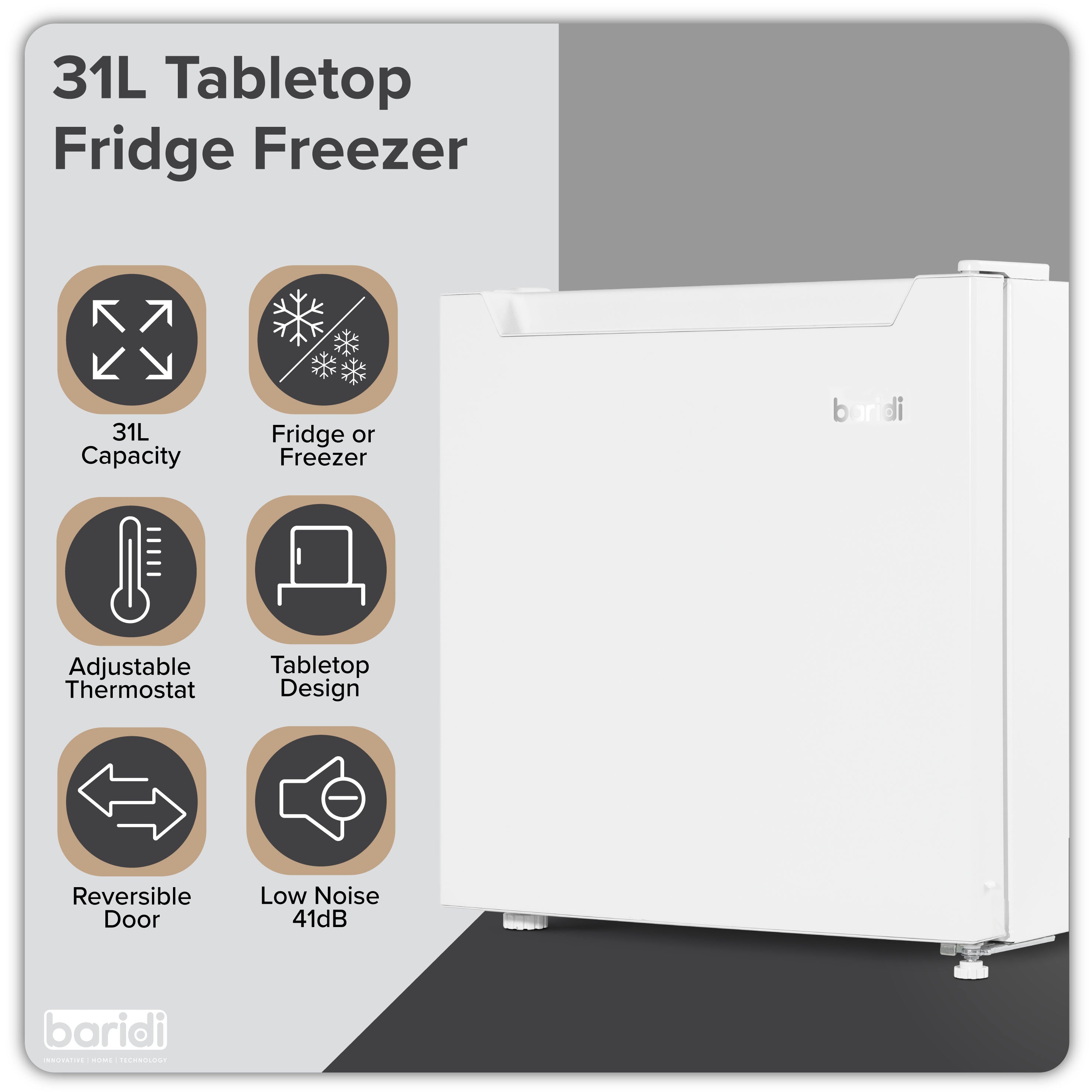 Baridi DH254 Fridge Freezer Action shot - infographic - summary