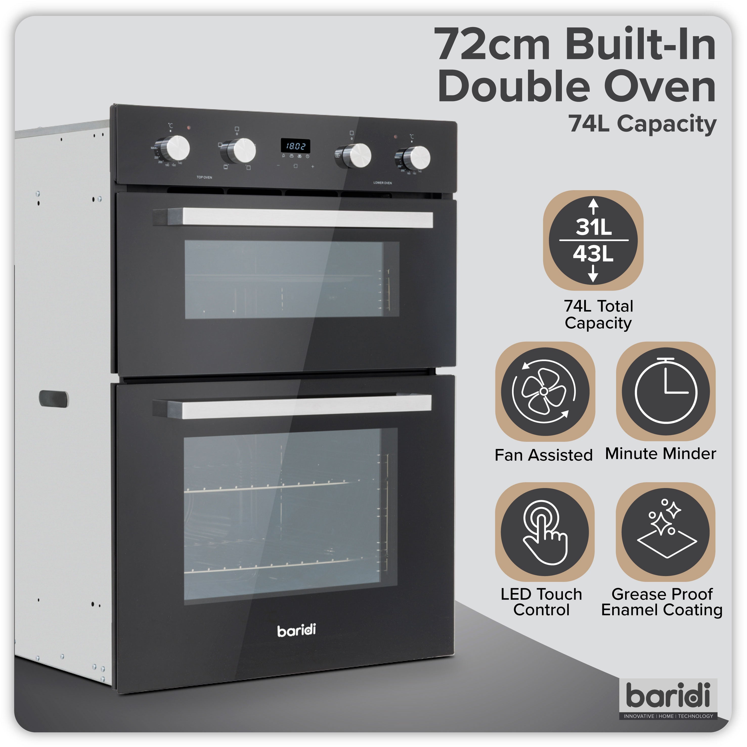 Baridi 72cm Under-Counter Double Oven, 74L Capacity, Energy Rating A, 8 Shelf Positions, Black Glass – DH278