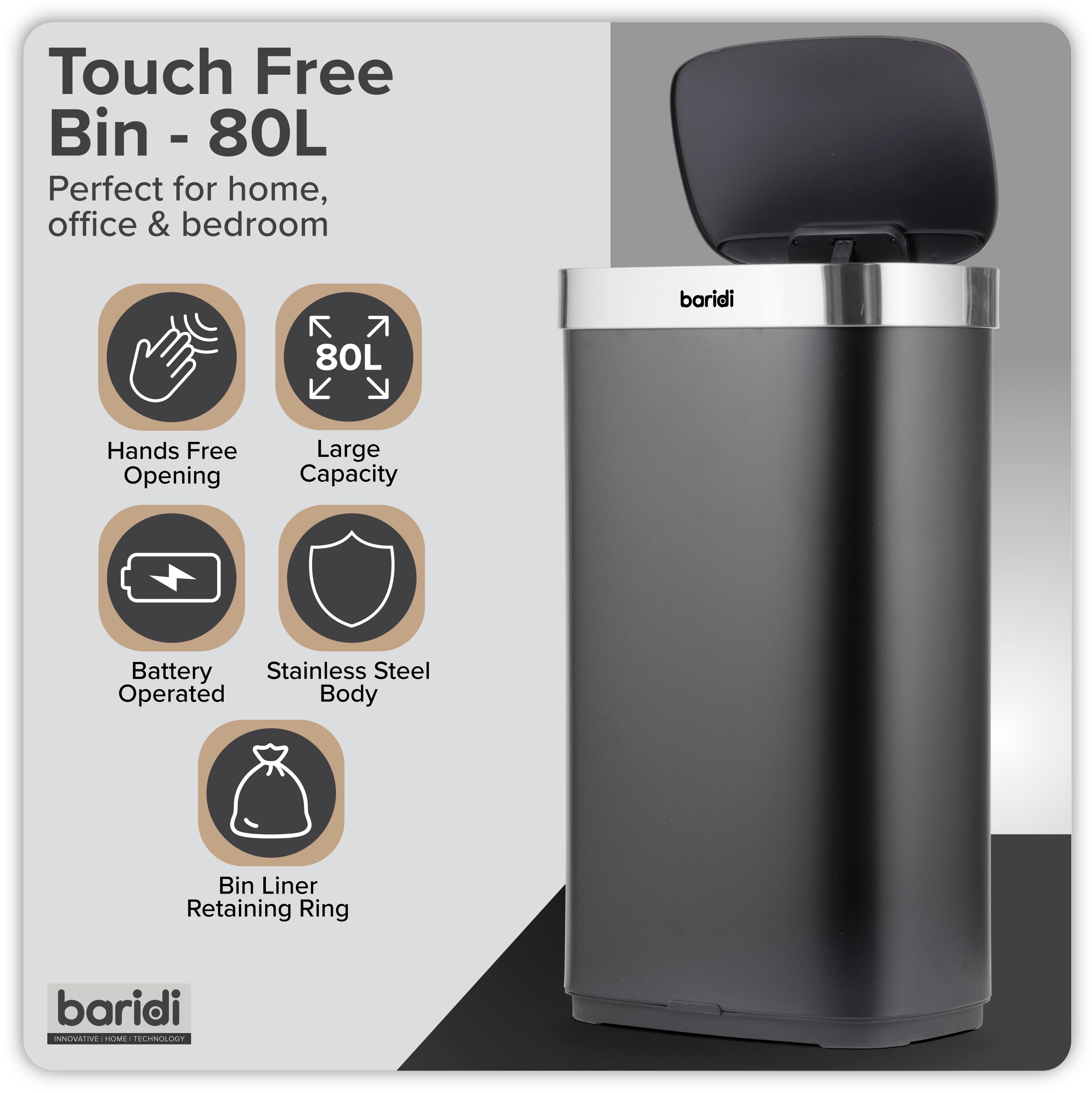 Baridi Sensor Bin, 80L Capacity, Black/Stainless Steel - DH283