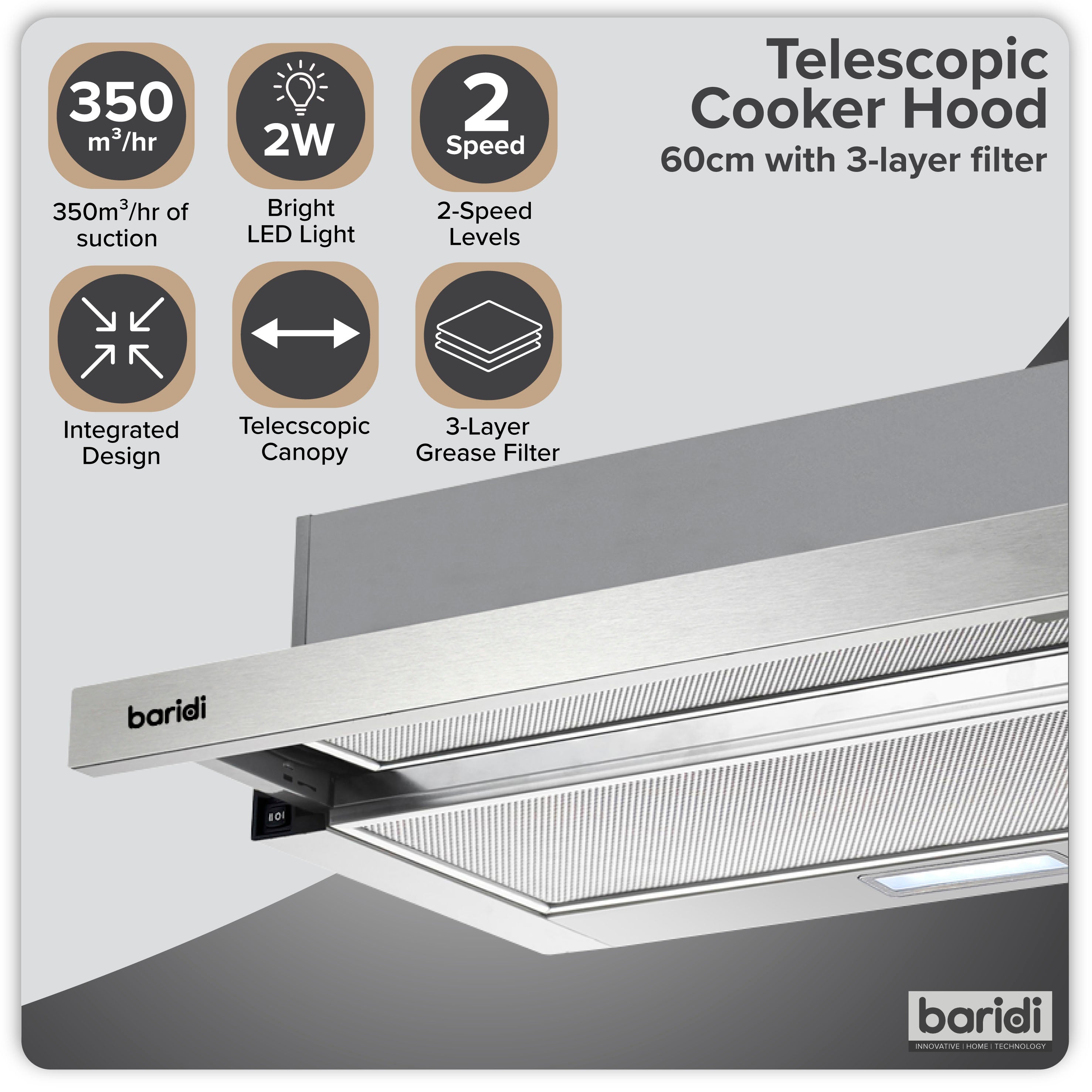 Baridi Telescopic Cooker Hood, 60cm with Aluminium Filters, Stainless Steel – DH286