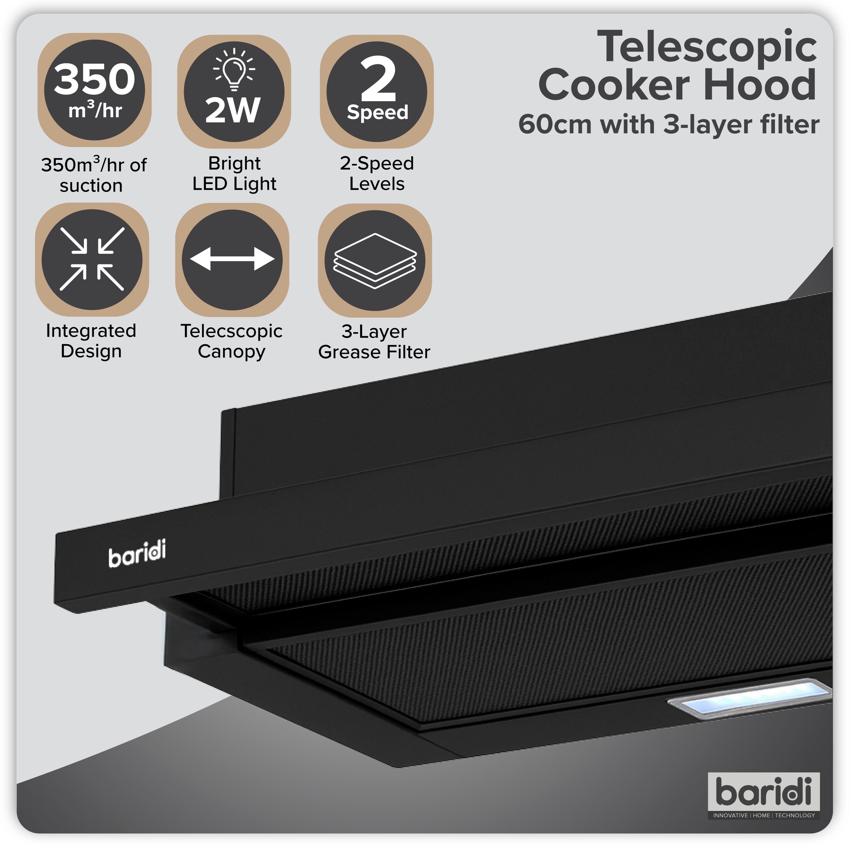 Baridi Telescopic Cooker Hood, 60cm with Aluminium Filters, Black – DH287