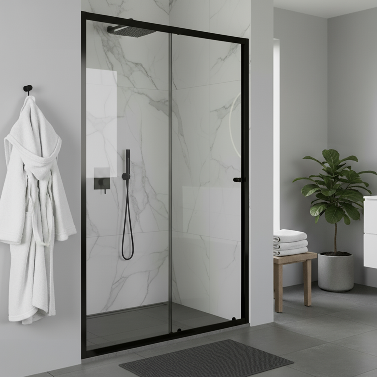 Baridi Sliding Shower Door 1000 x 1850mm, 6mm Tempered Glass, Black – DH293