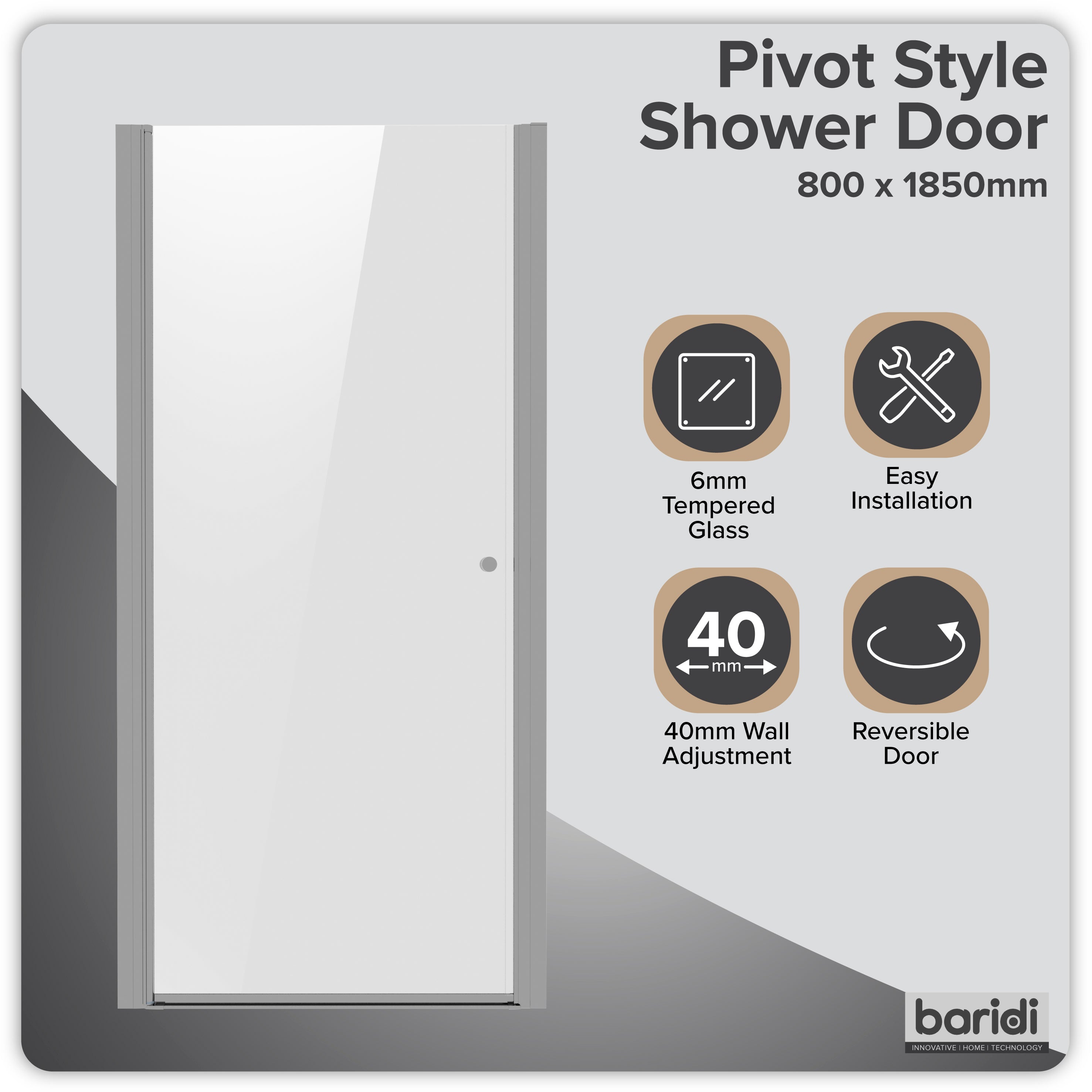 Baridi Pivot Shower Door 800 x 1850mm, 6mm Tempered Glass, Reversible Installation, Chrome - DH303