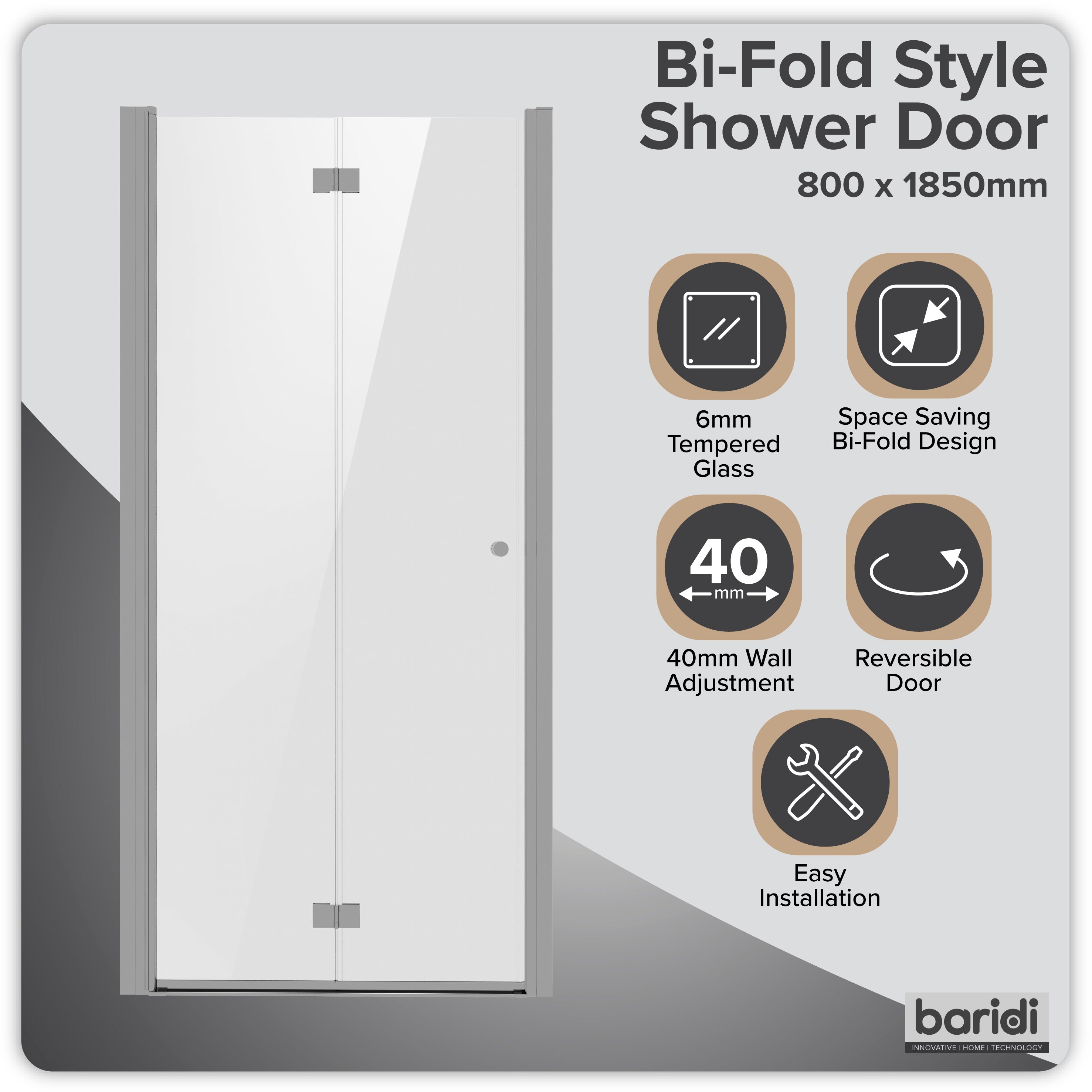 Baridi Bi-Fold Shower Door 800 x 1850mm, 6mm Tempered Glass, Reversible Installation, Chrome - DH305