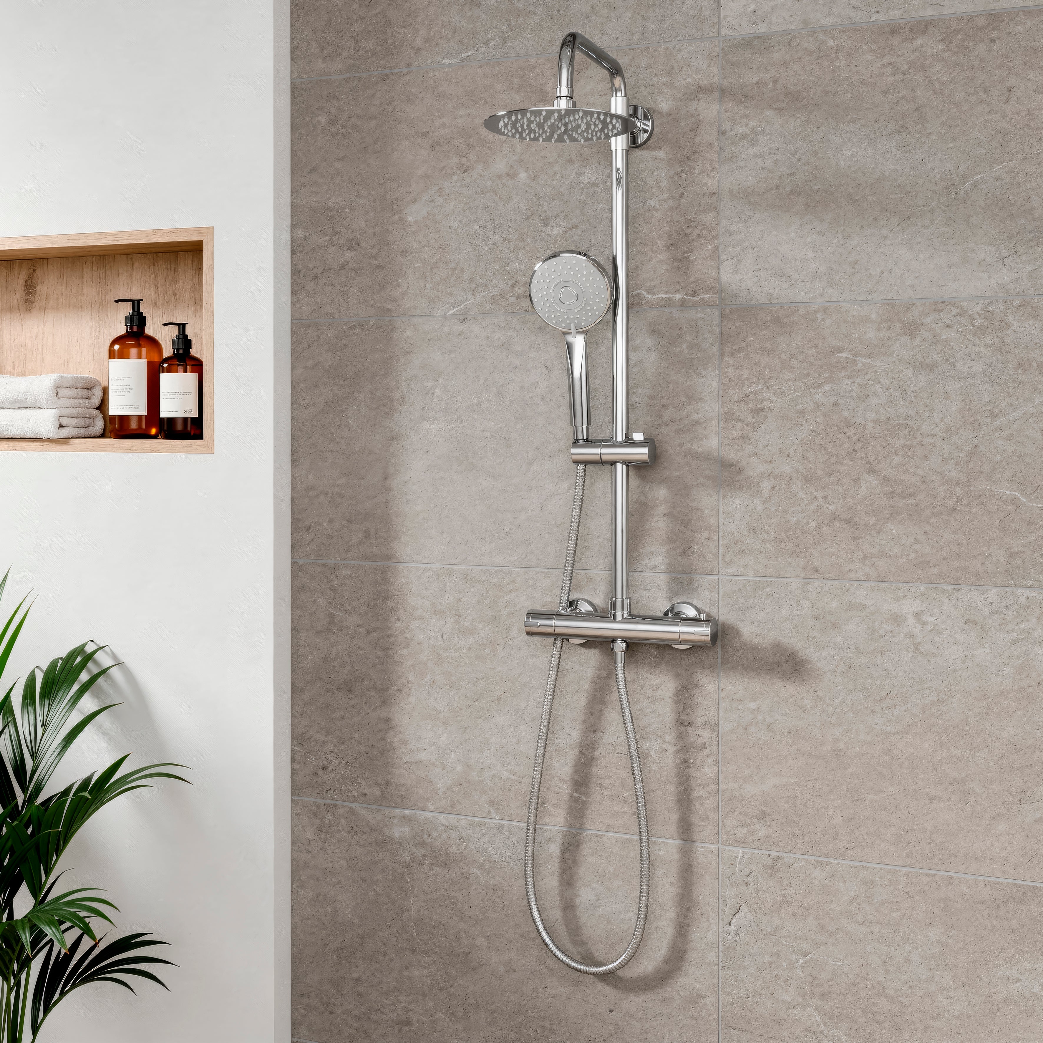 Baridi Thermostatic Shower Mixer Set, 20cm Round Head, Height Adjustable Rail, Chrome - DH314