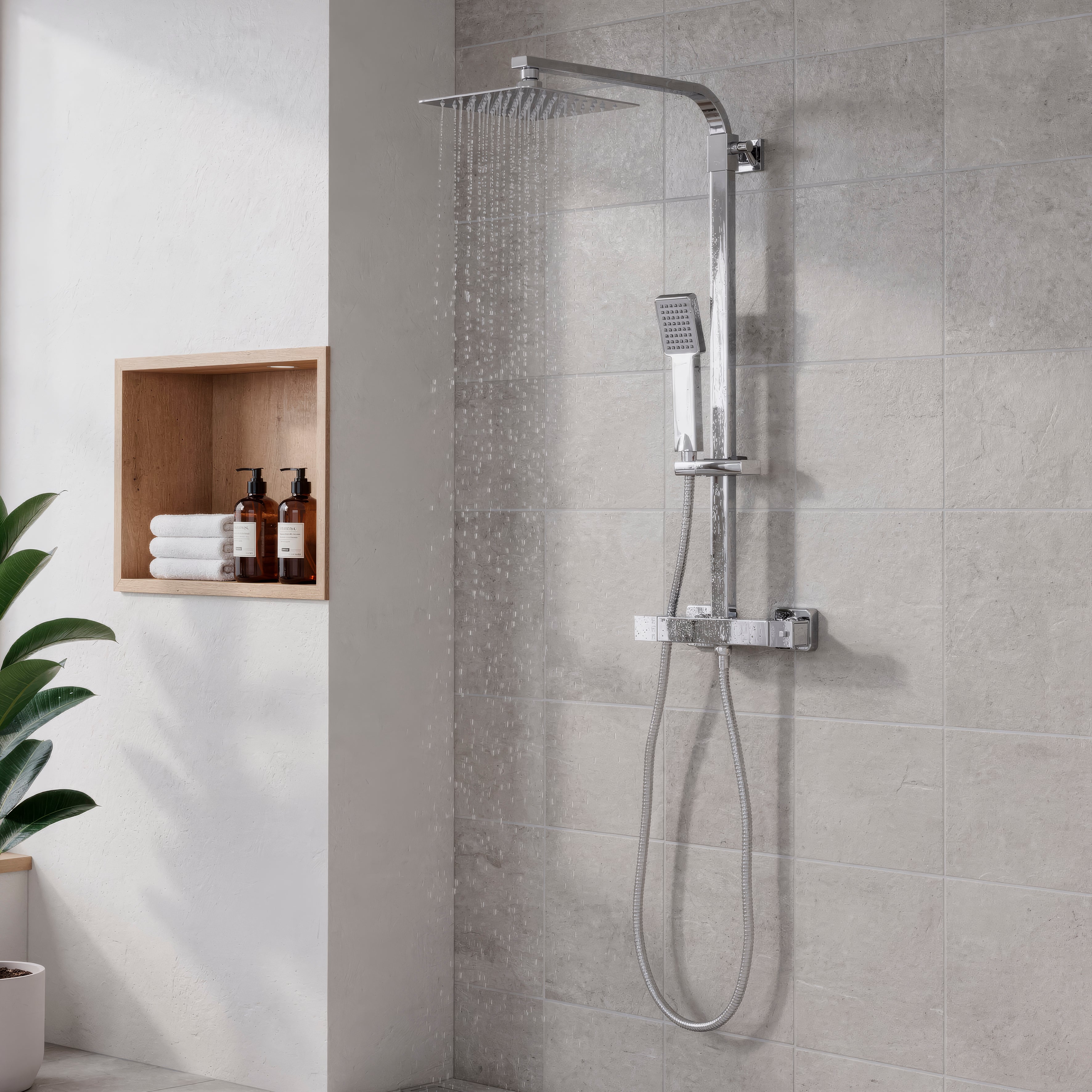 Baridi Thermostatic Shower Mixer Set, 20x20cm Square Head, Height Adjustable Rail, Chrome - DH316