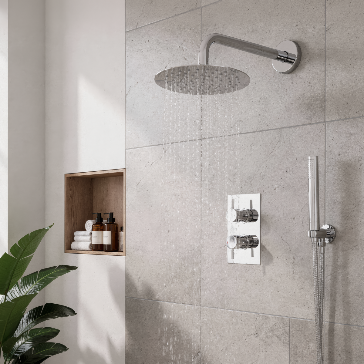 Baridi Concealed Thermostatic Shower Set, Dual Outlet, Ø20cm Round Shower Head & Hand Shower, Chrome - DH318