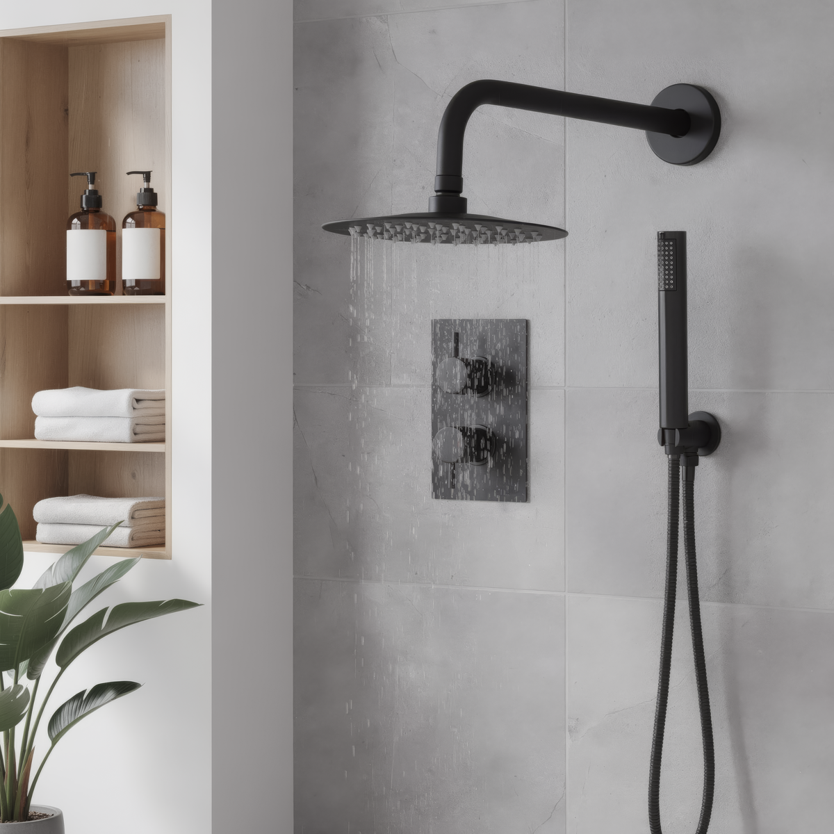 Baridi Concealed Thermostatic Shower Set, Dual Outlet, Ø20cm Round Shower Head & Hand Shower, Black - DH319