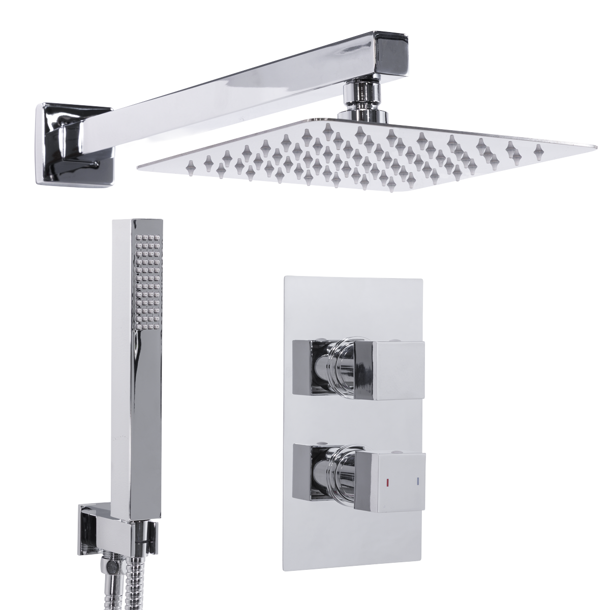Baridi Concealed Thermostatic Shower Set 20 x 20cm Square Head & Hand Shower - Chrome - DH320