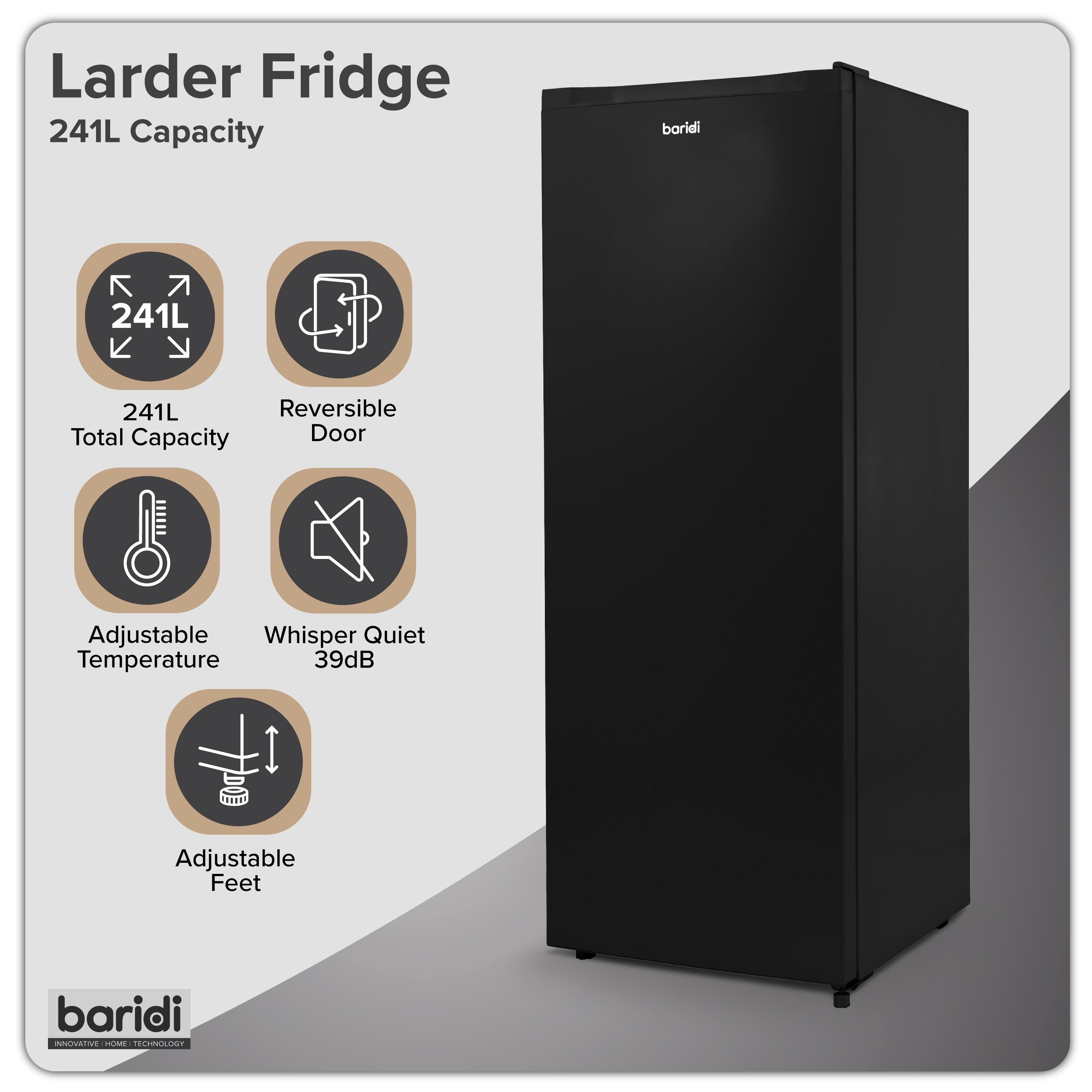 Baridi Freestanding Tall Larder Fridge, 241L Capacity with Reversible Door, 55cm Wide, Black – DH323