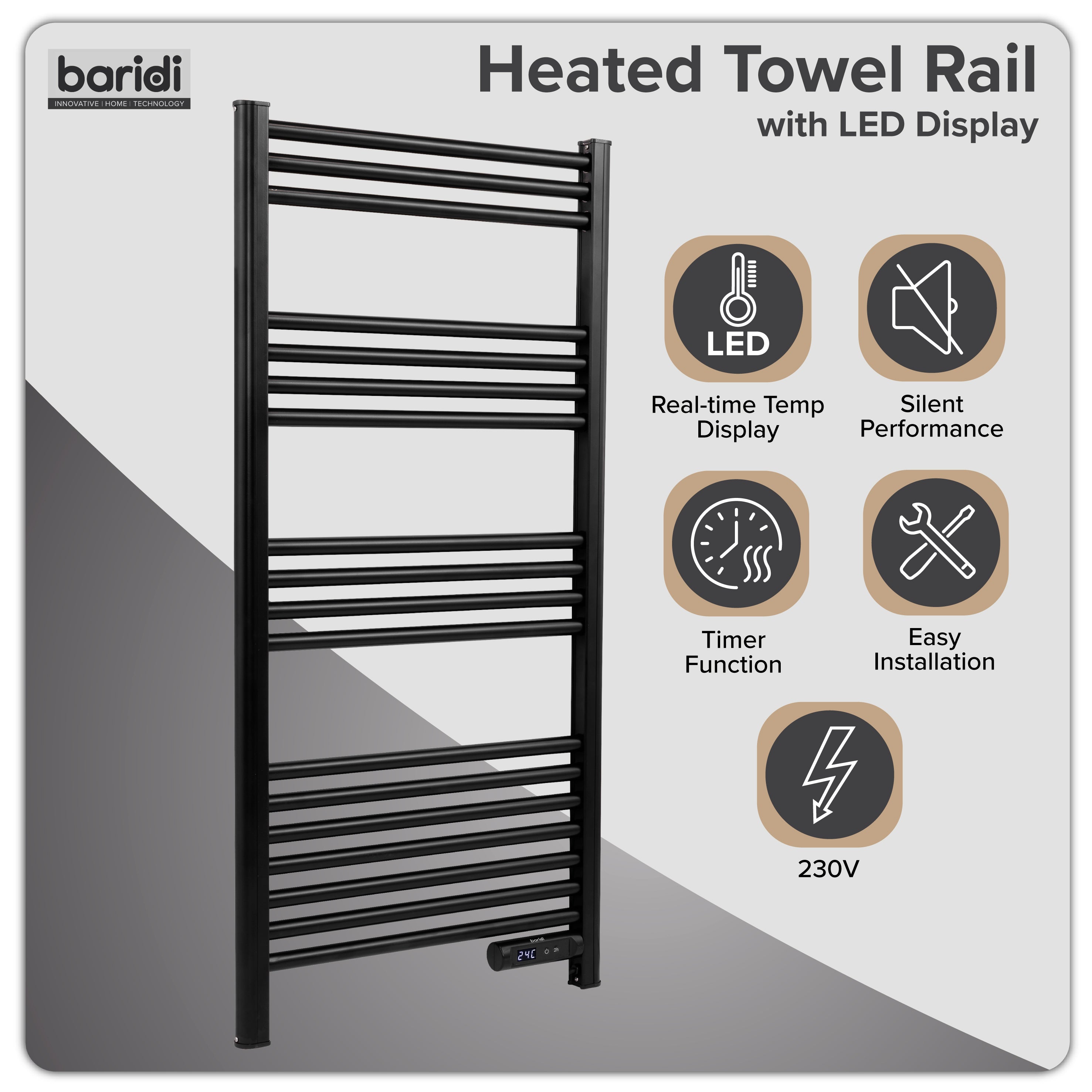 Baridi Electric Heated Towel Rail with LED Display, Black - DH371
