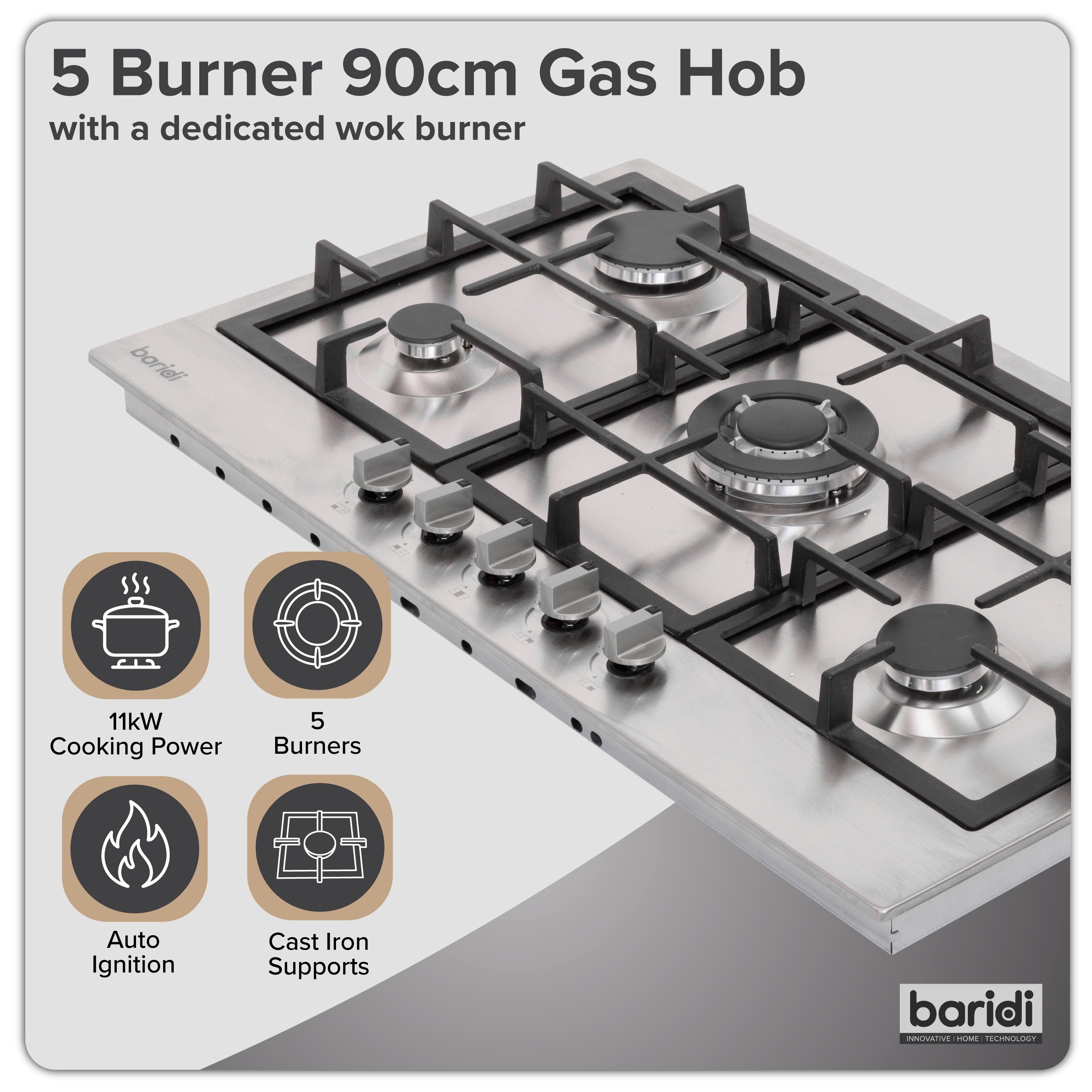 Baridi 90cm Gas Hob with Cast Iron Pan Supports & Wok Burner, Stainless Steel - DH382