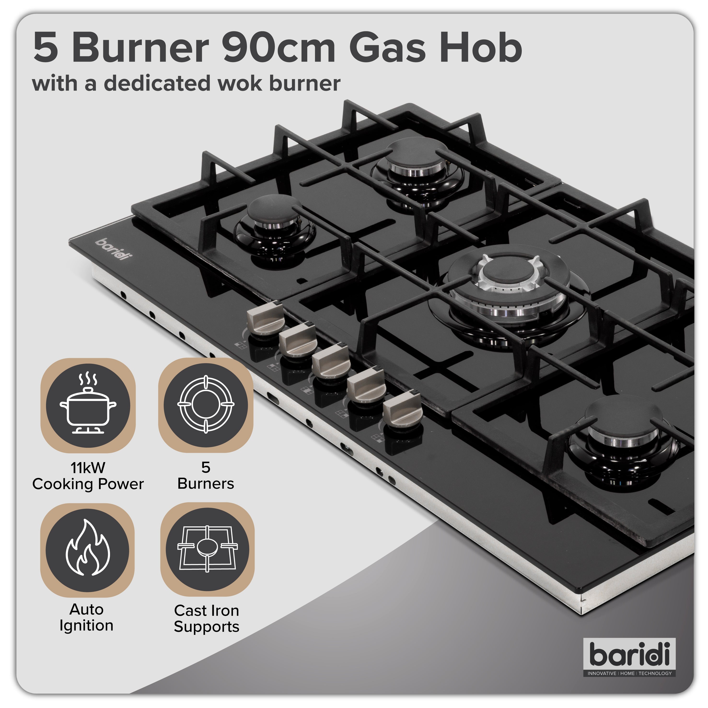Baridi 90cm Gas Hob Glass with 5 Burners, Cast Iron Supports & Auto Ignition 11kW - DH383