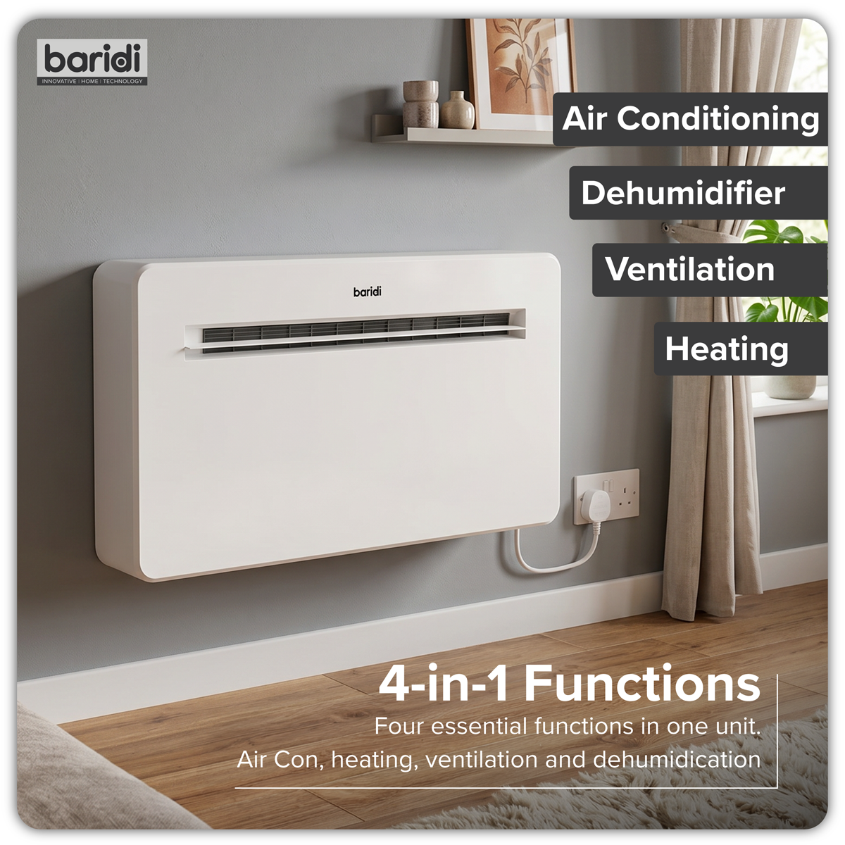 Baridi 4-in-1 Smart Monobloc Wall-Mounting Air Conditioning Unit 12,000Btu/hr, White - DH433