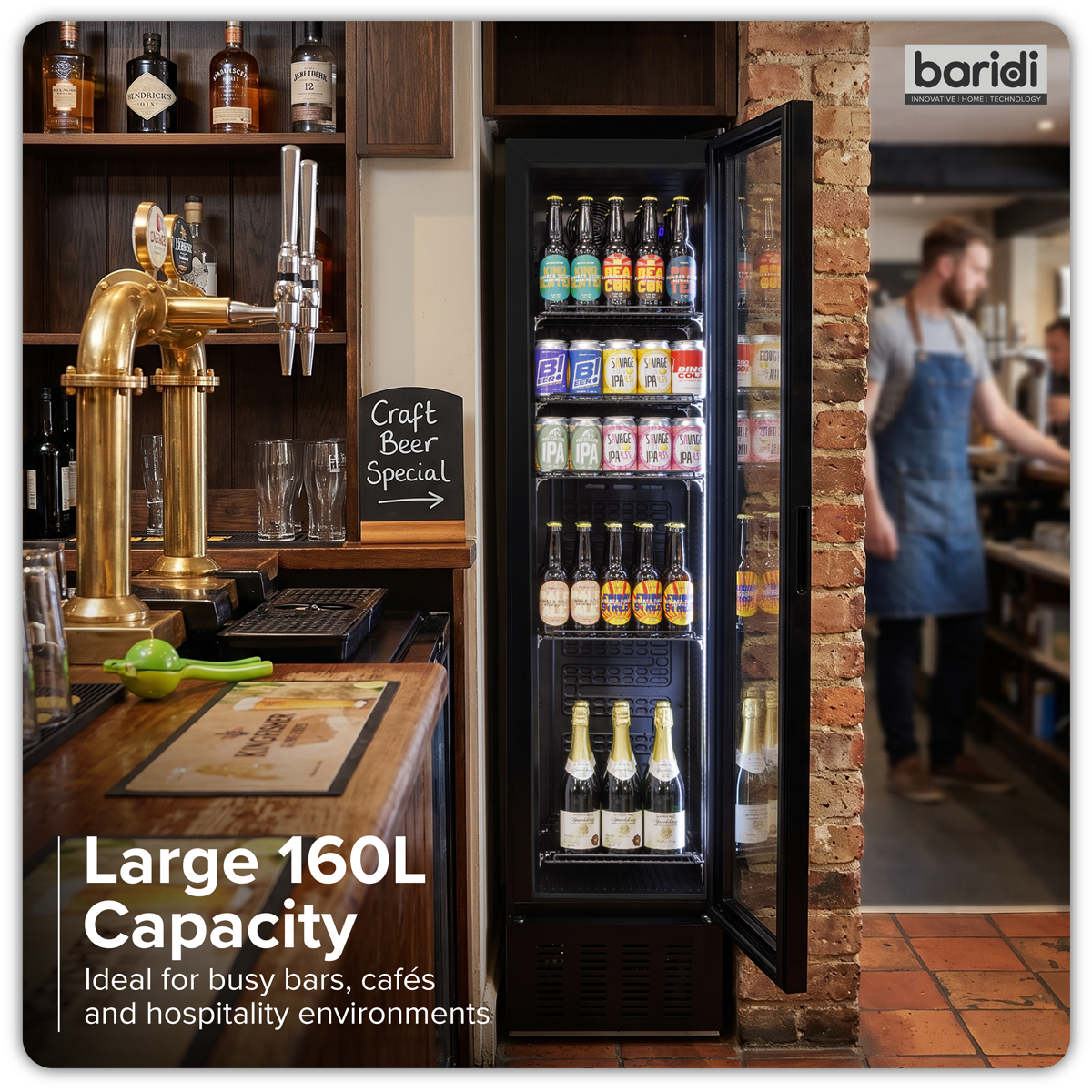 Baridi Tall Drinks/Bar Fridge with Digital Controls & Auto Defrost 160L, Black - DH440