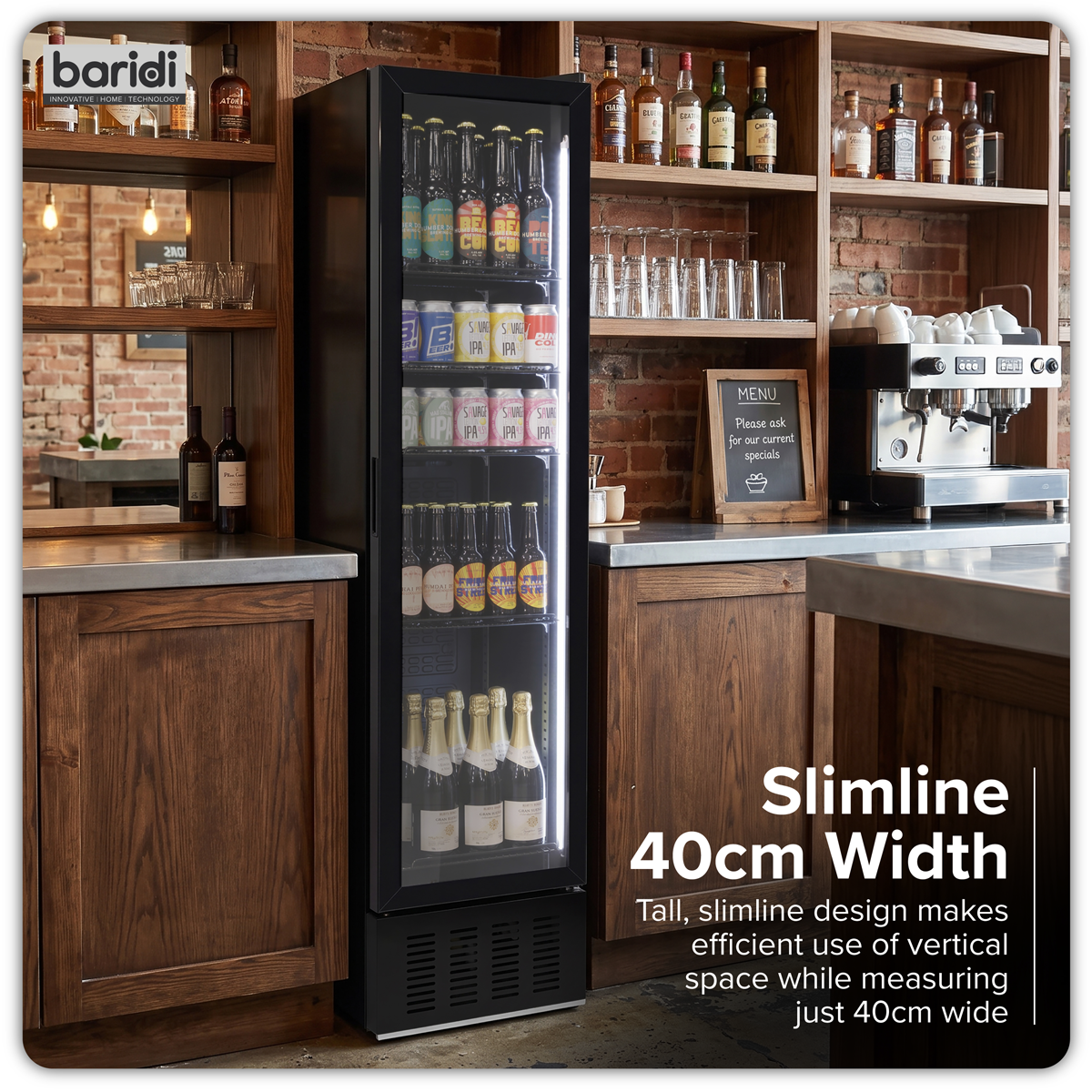 Baridi Tall Drinks/Bar Fridge with Digital Controls & Auto Defrost 160L, Black - DH440