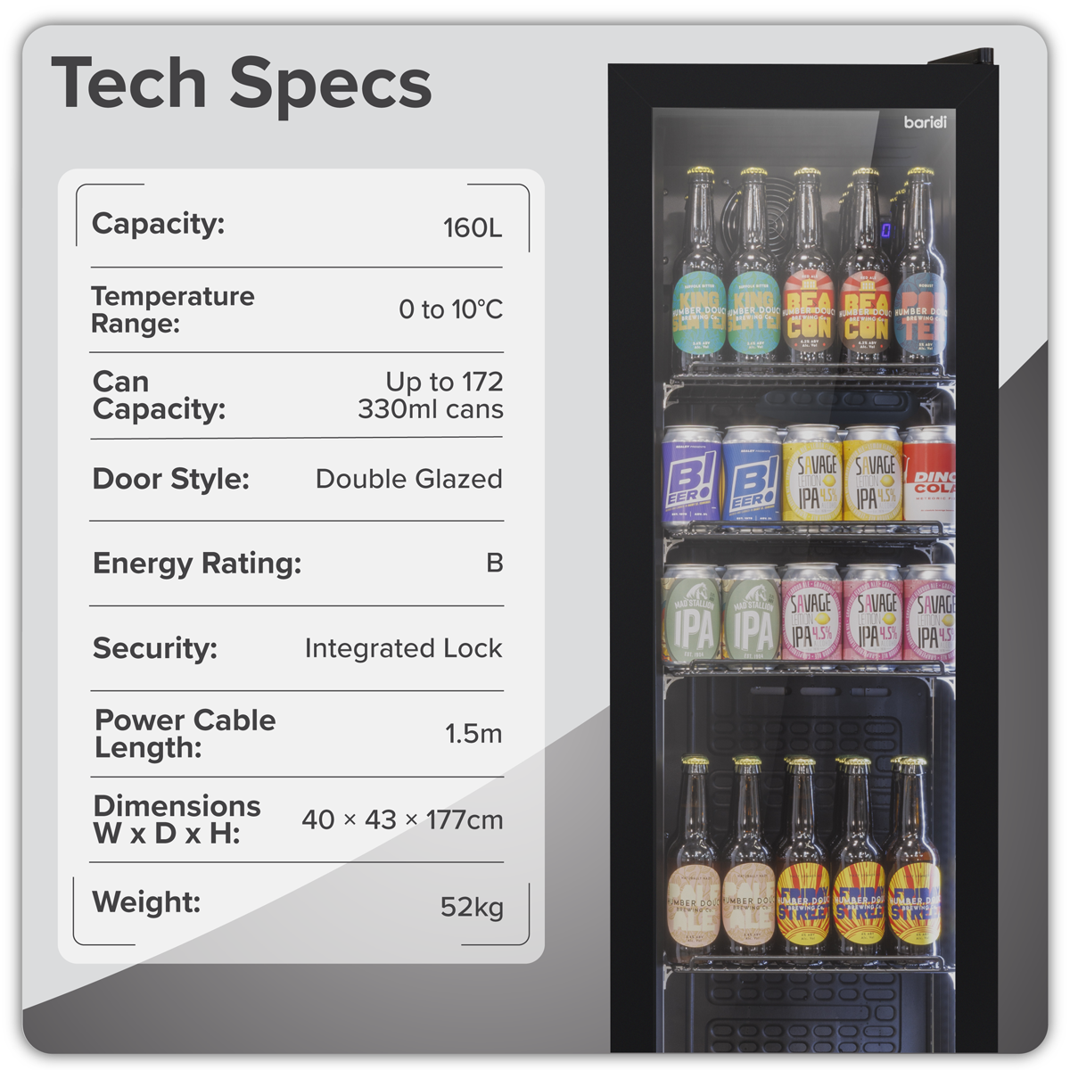 Baridi Tall Drinks/Bar Fridge with Digital Controls & Auto Defrost 160L, Black - DH440