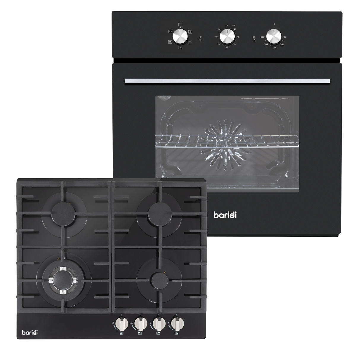 Baridi Kitchen Appliance Bundle 60cm, Integrated Fan-Assisted Oven with Timer & Black Glass Gas Hob – DH448