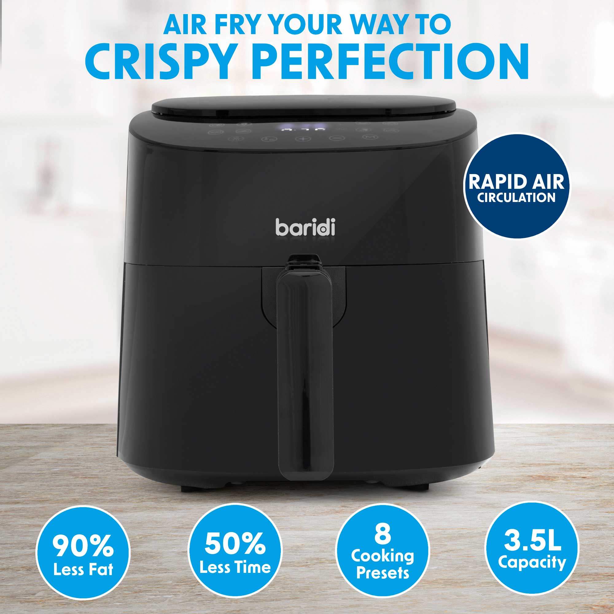 Baridi DH60 Air Fryer Action shot - infographic - one - straight on