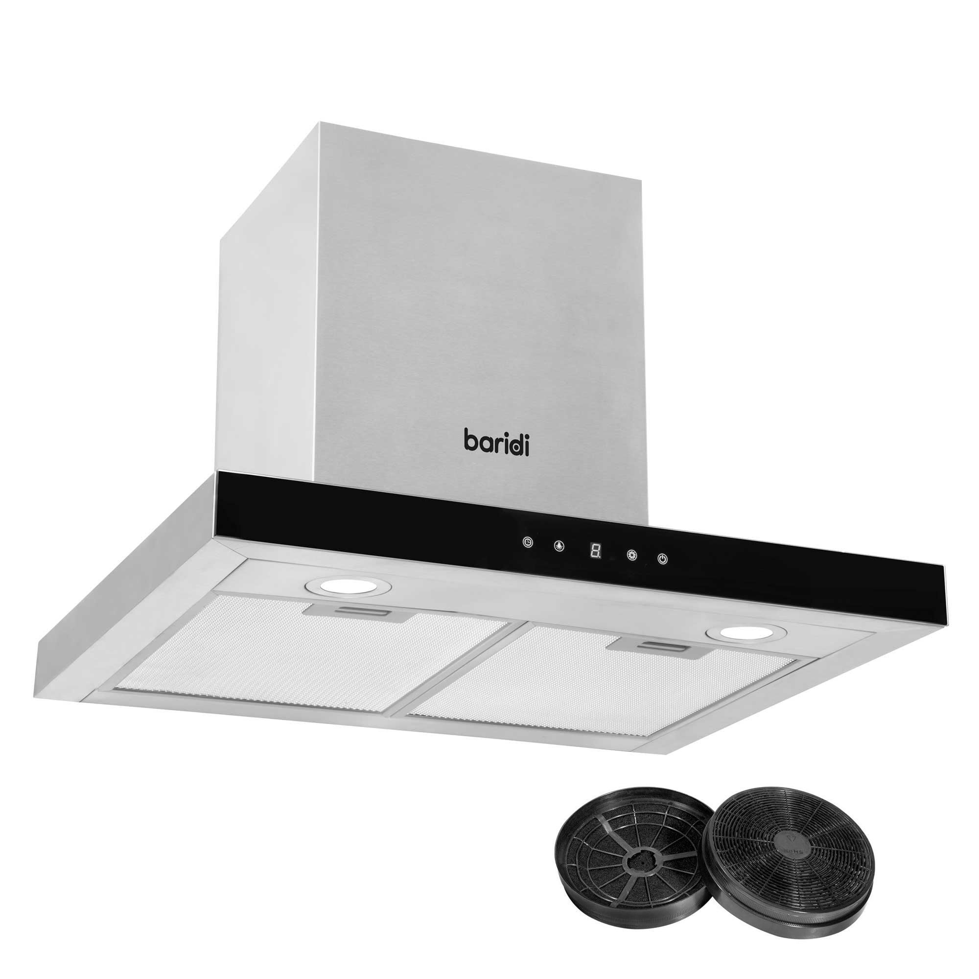 Baridi 60cm T Shape Chimney Cooker Hood with Carbon Filters, Stainless Steel - DH130 - Dellonda