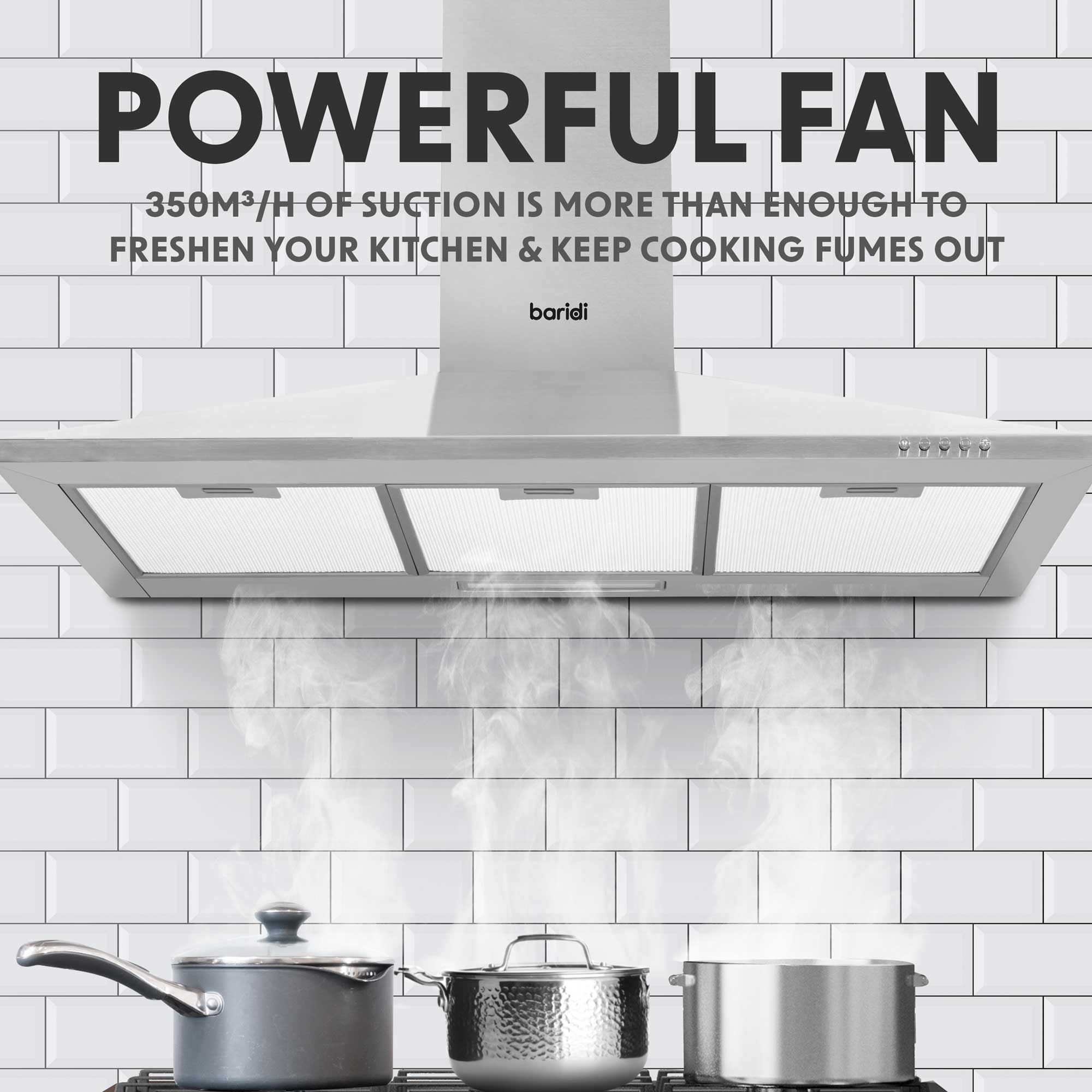 Baridi 90cm Chimney Style Cooker Hood with Carbon Filters, Stainless Steel - DH127 - Dellonda