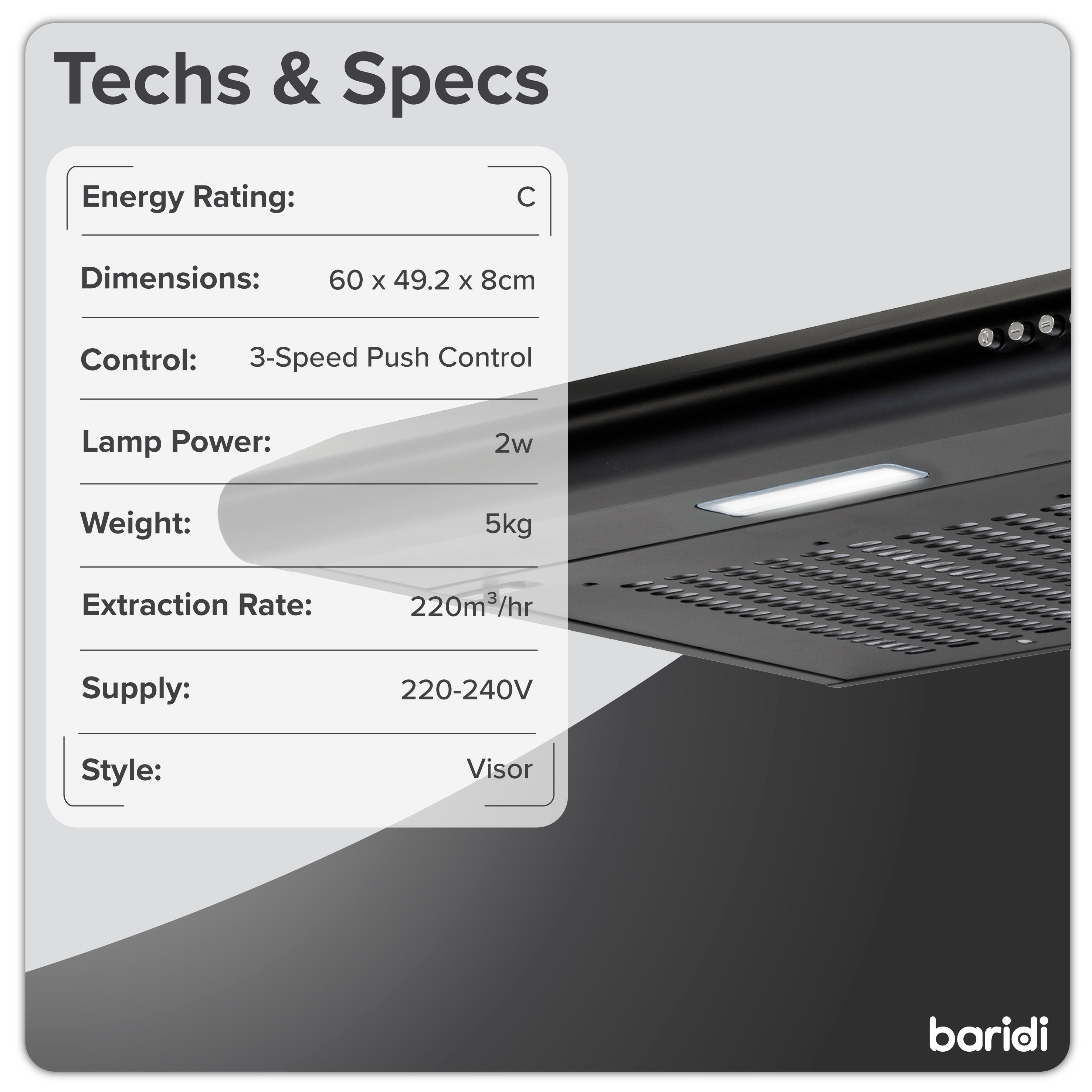 Baridi DH107 Extractor Hoods Action shot - tech - specs