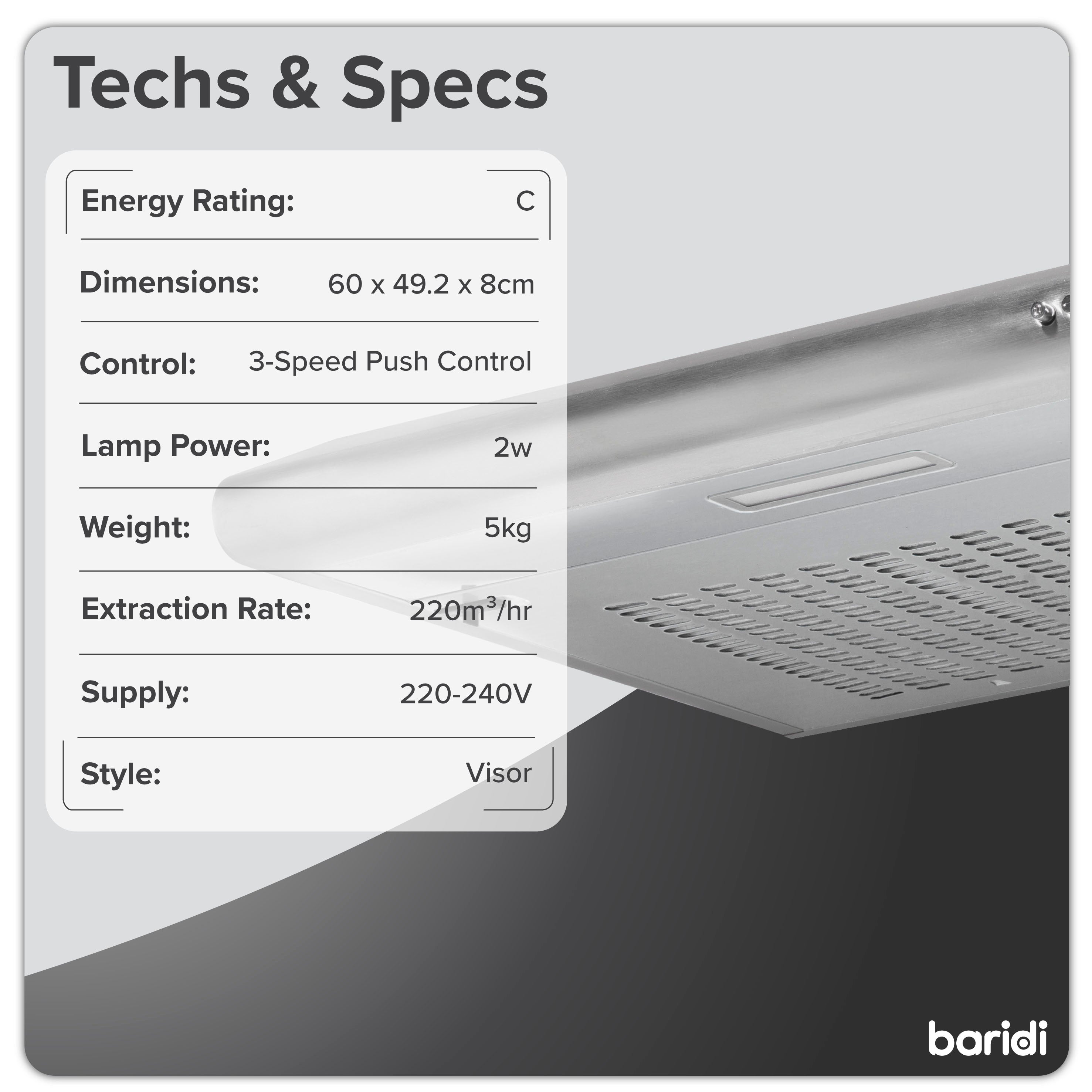 Baridi DH108 Extractor Hoods Action shot - tech - specs