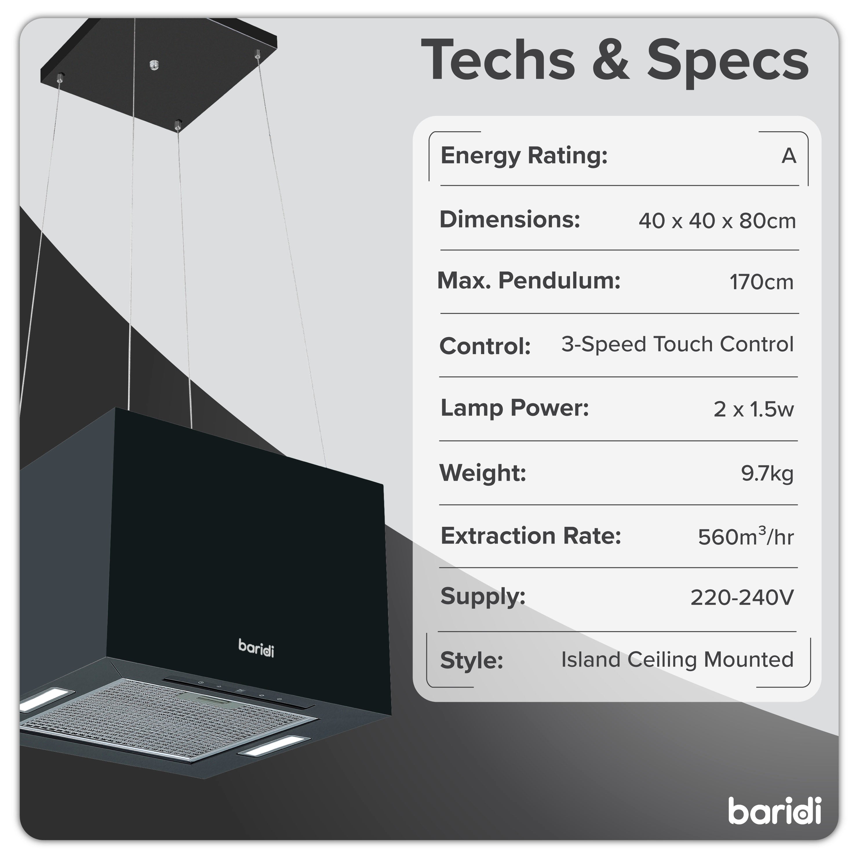 Baridi DH109 Extractor Hoods Action shot - tech - specs