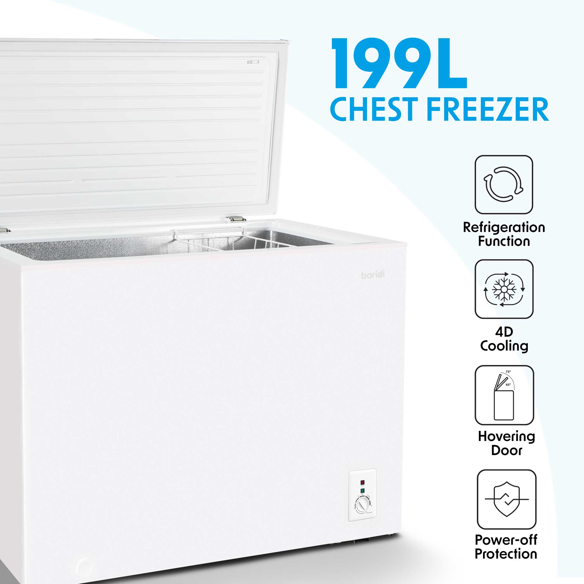 Baridi DH111 Chest Freezer Action shot - information - icons