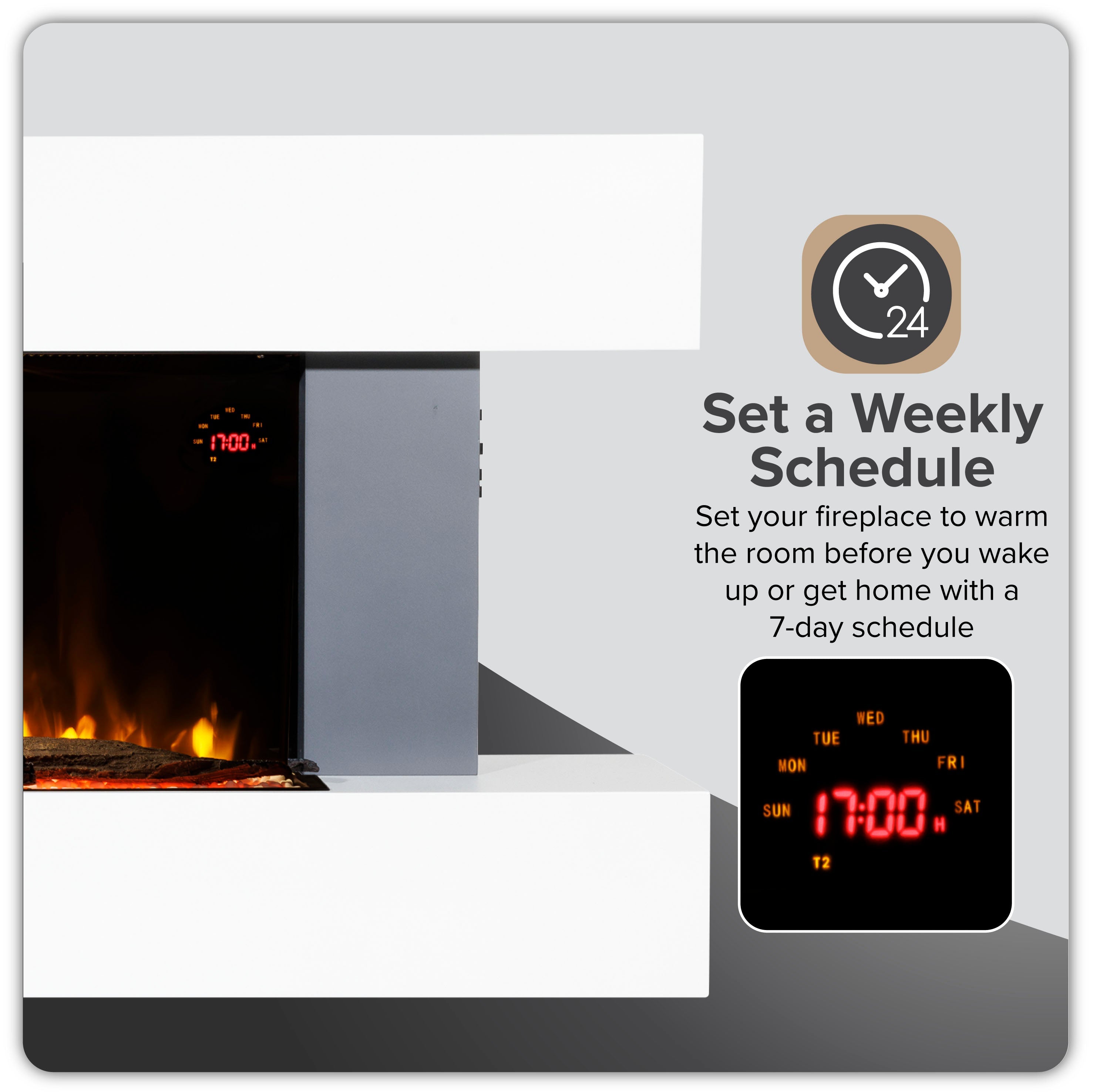 Baridi DH112 Electric Fireplace Action shot - infographic - icon - summary