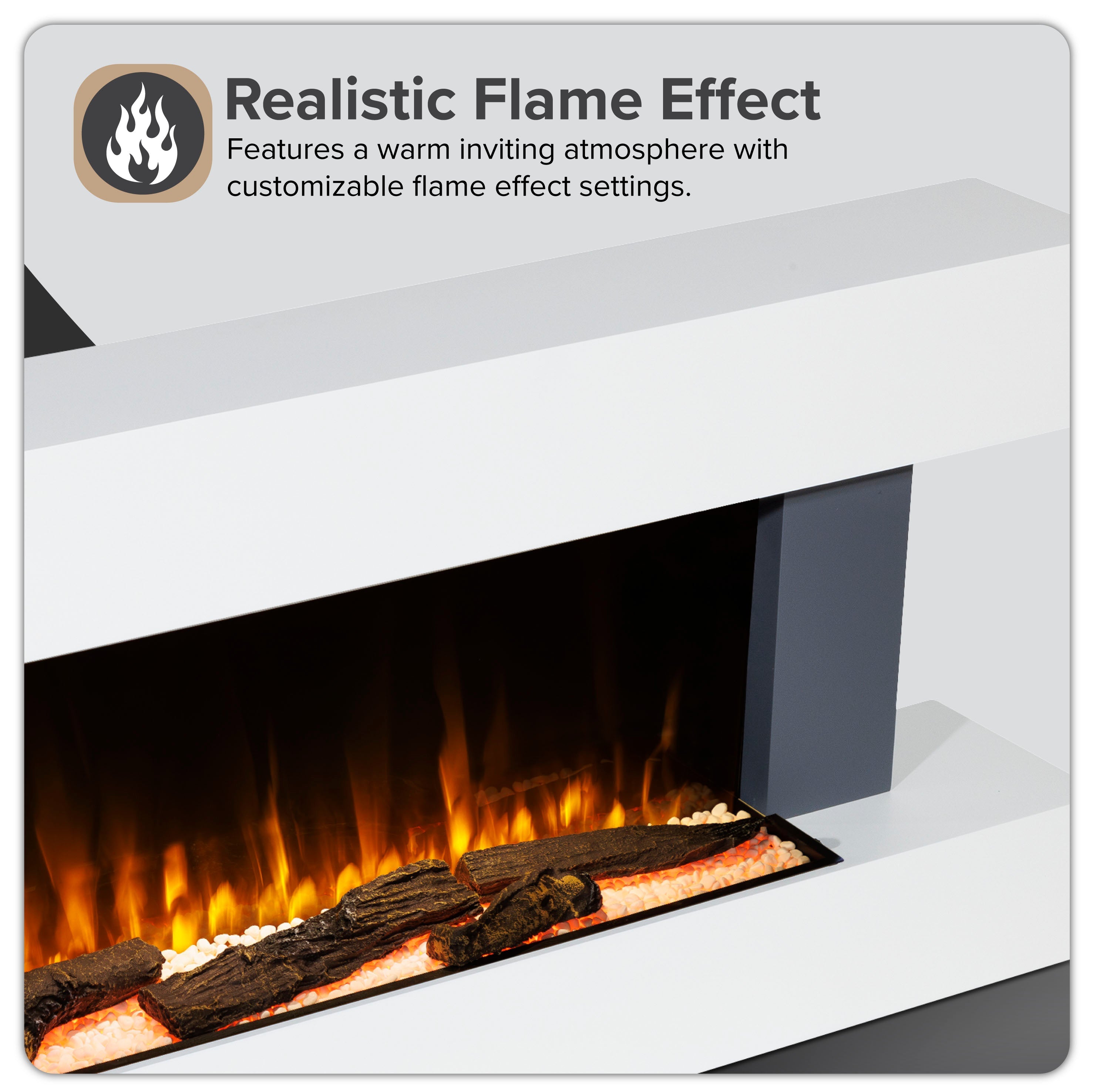 Baridi DH112 Electric Fireplace Action shot - infographic - icon - summary - 2nd perspective