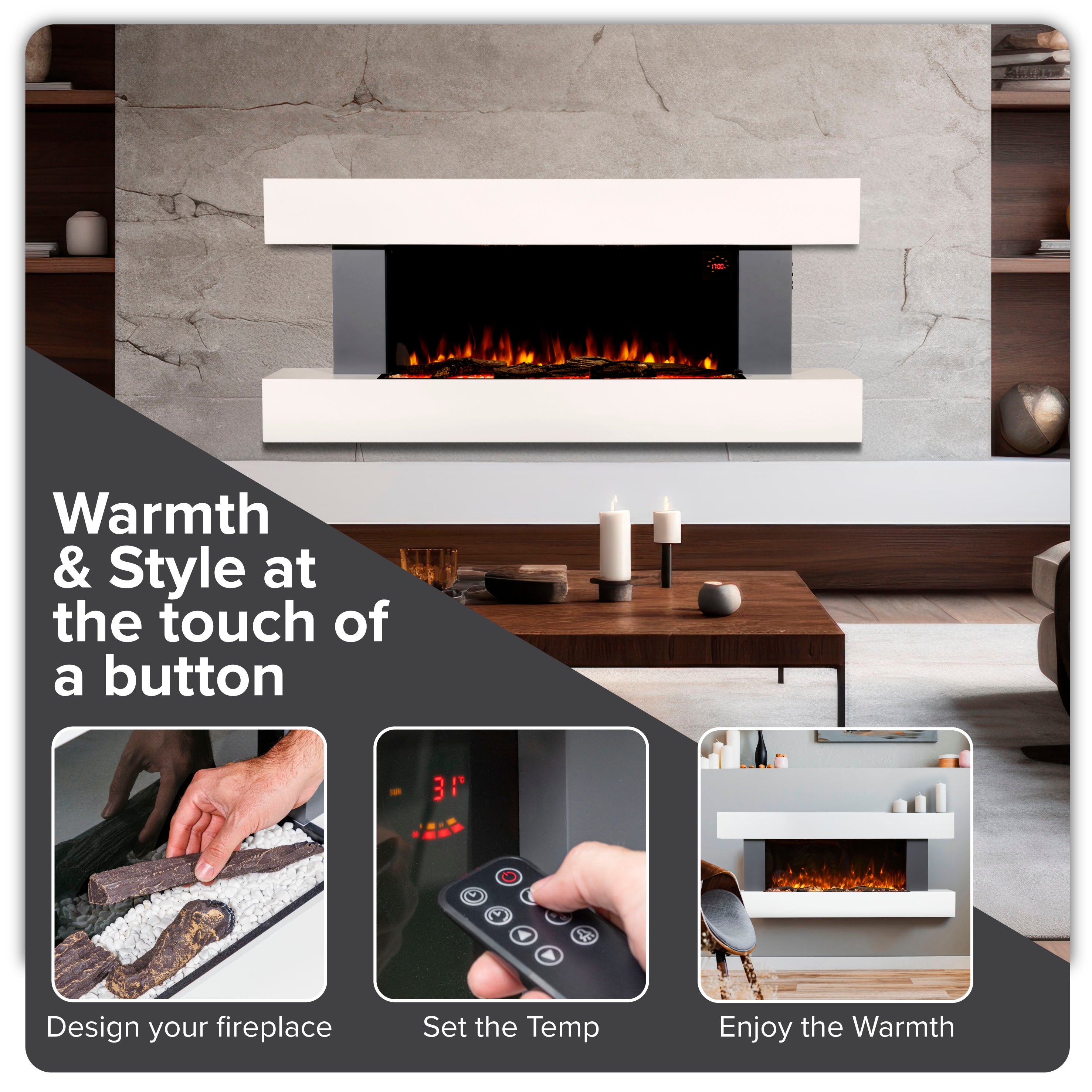 Baridi DH112 Electric Fireplace Action shot - infographic - stetps and stages