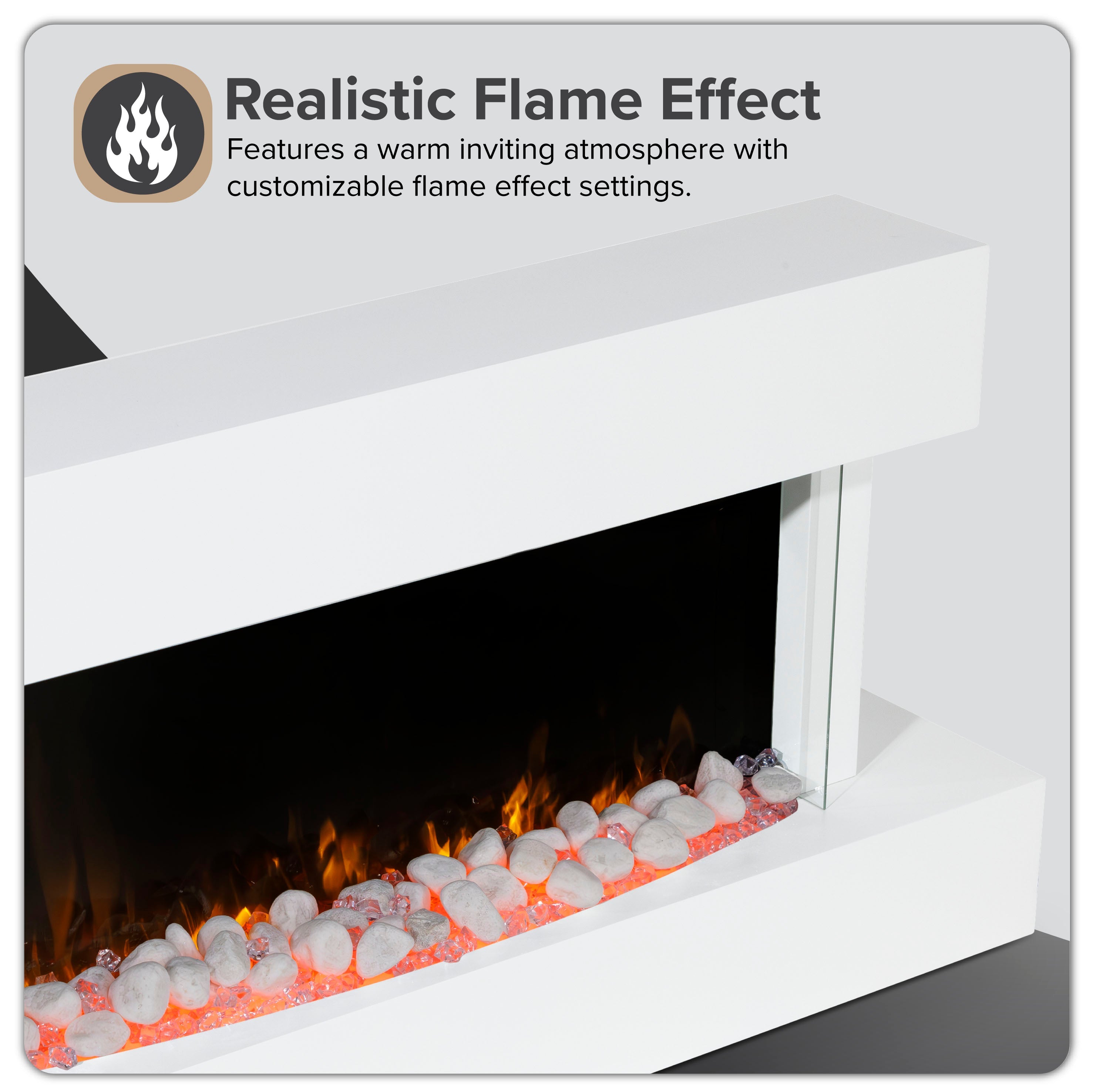 Baridi DH113 Electric Fireplace Action shot - infographic - icon - summary - 2nd perspective