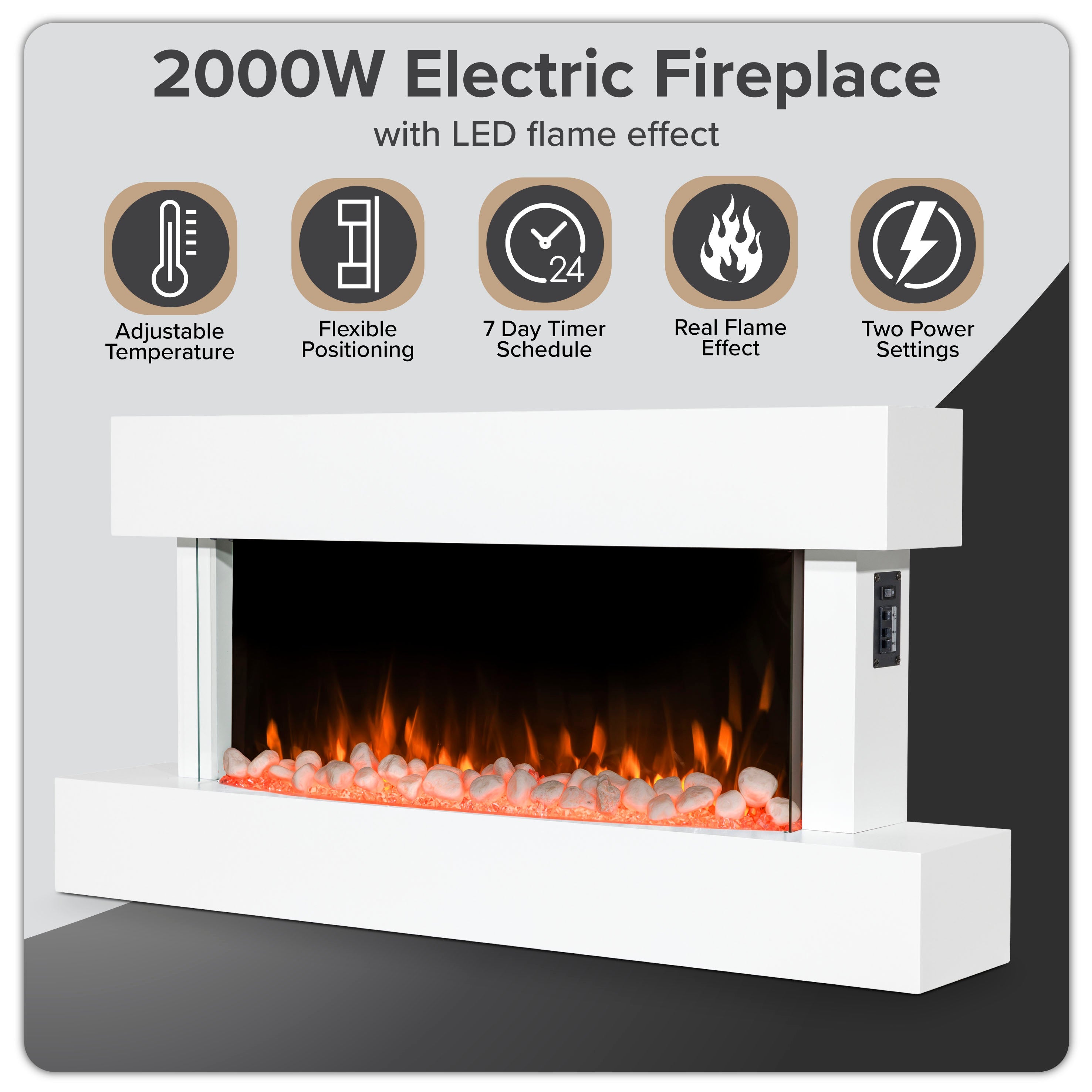Baridi DH113 Electric Fireplace Action shot - infogrpahic - summary