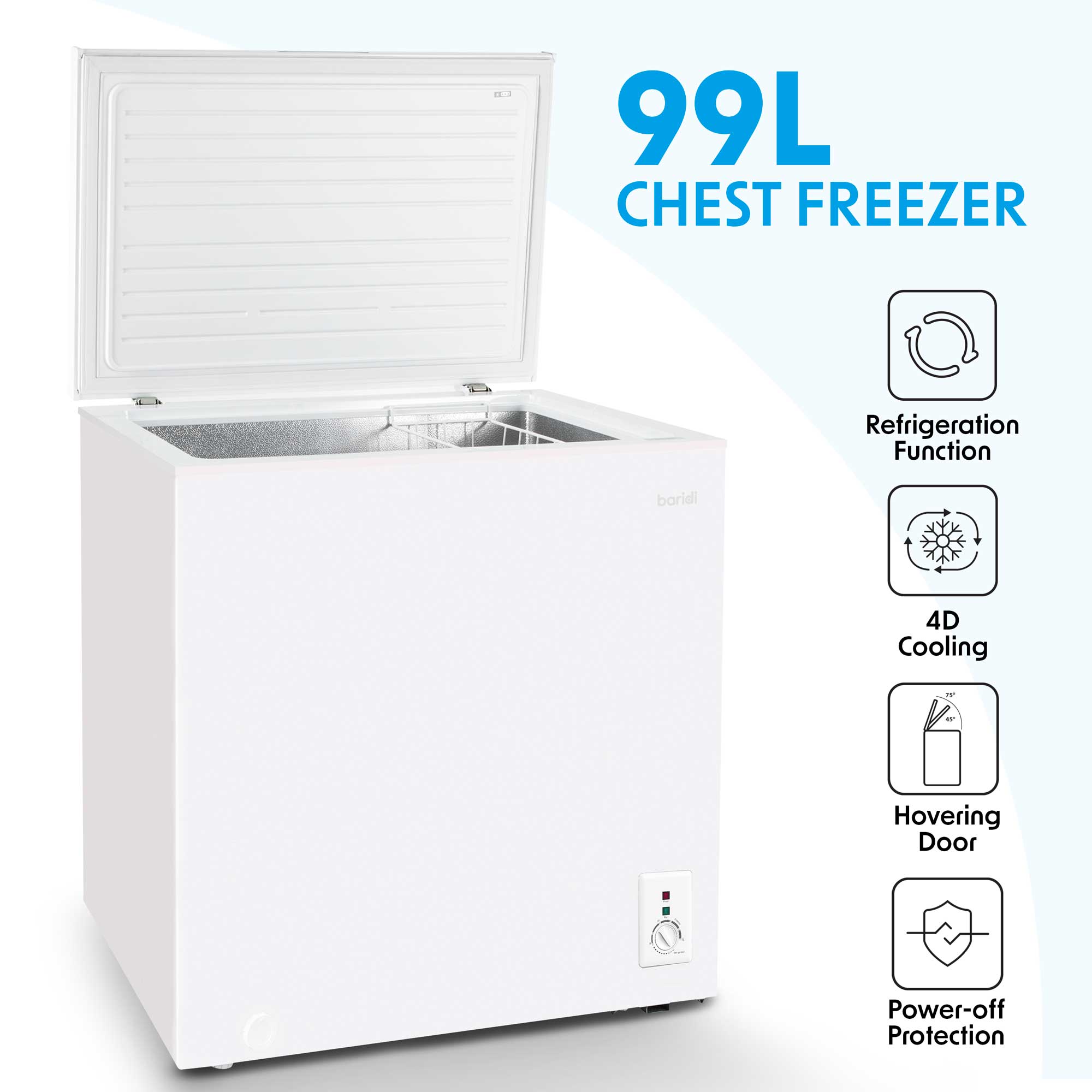 Baridi DH116 Chest Freezer Action shot - information - icons