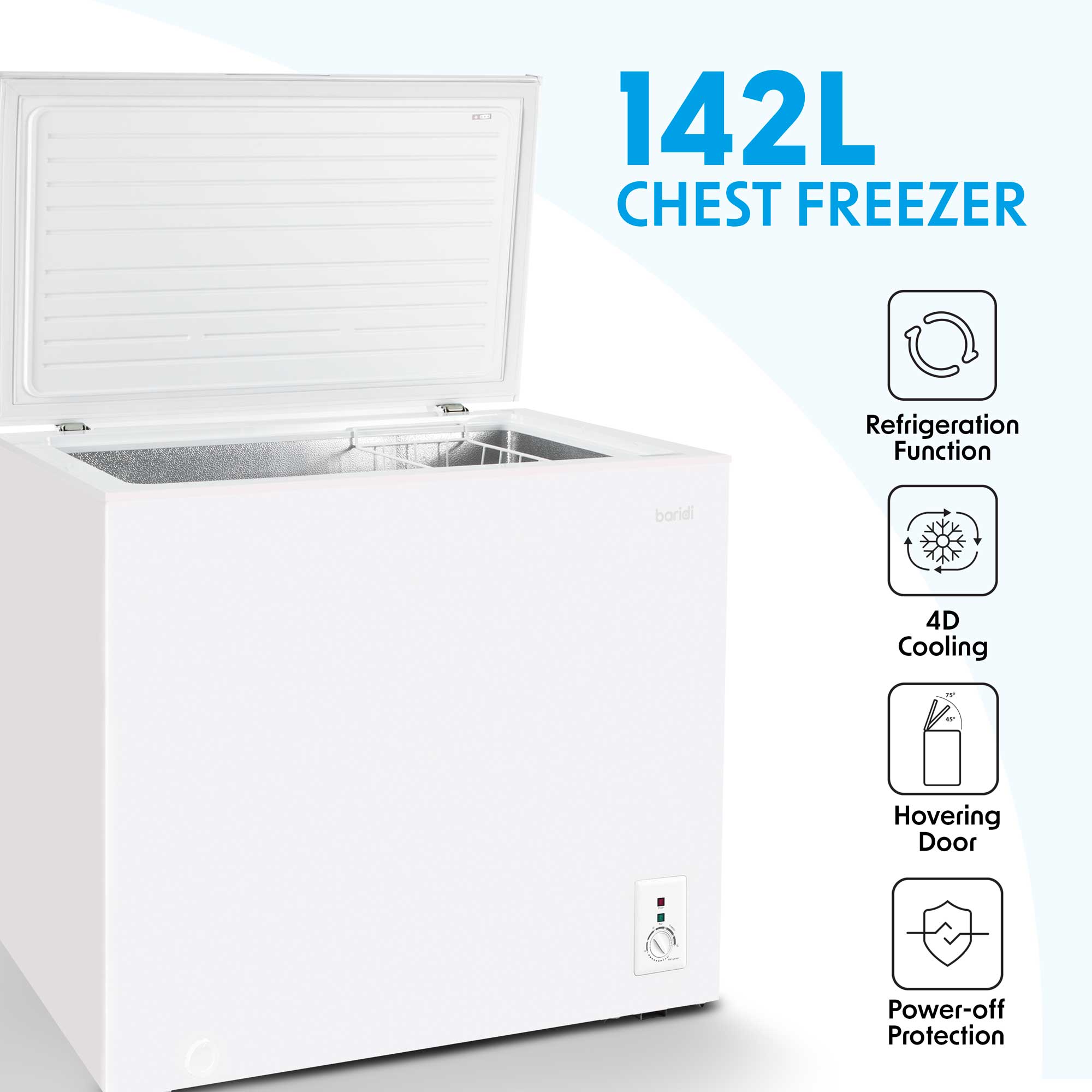 Baridi DH120 Chest Freezer Action shot - information - icons
