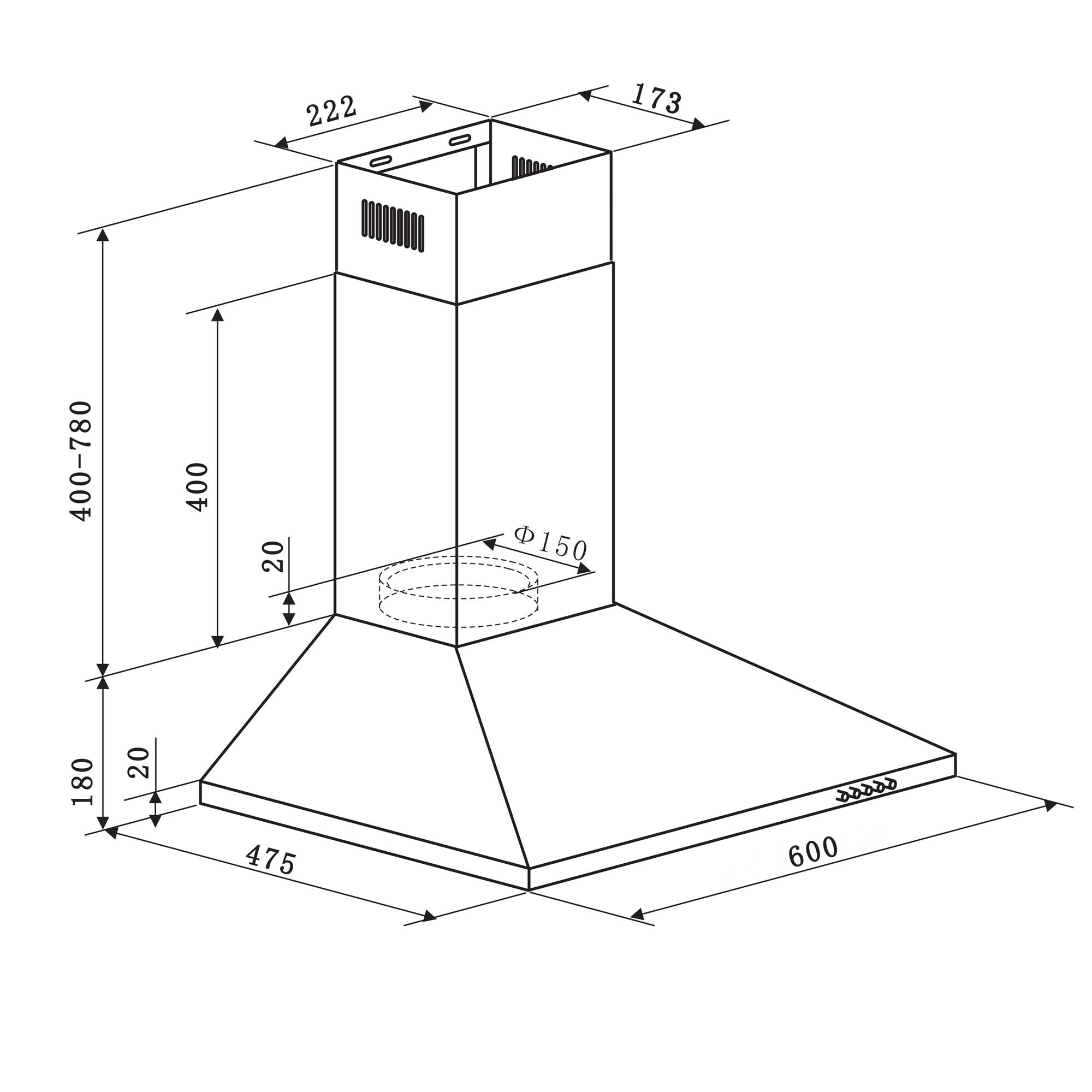 Baridi DH126 Extractor Hoods Action shot - dimensions