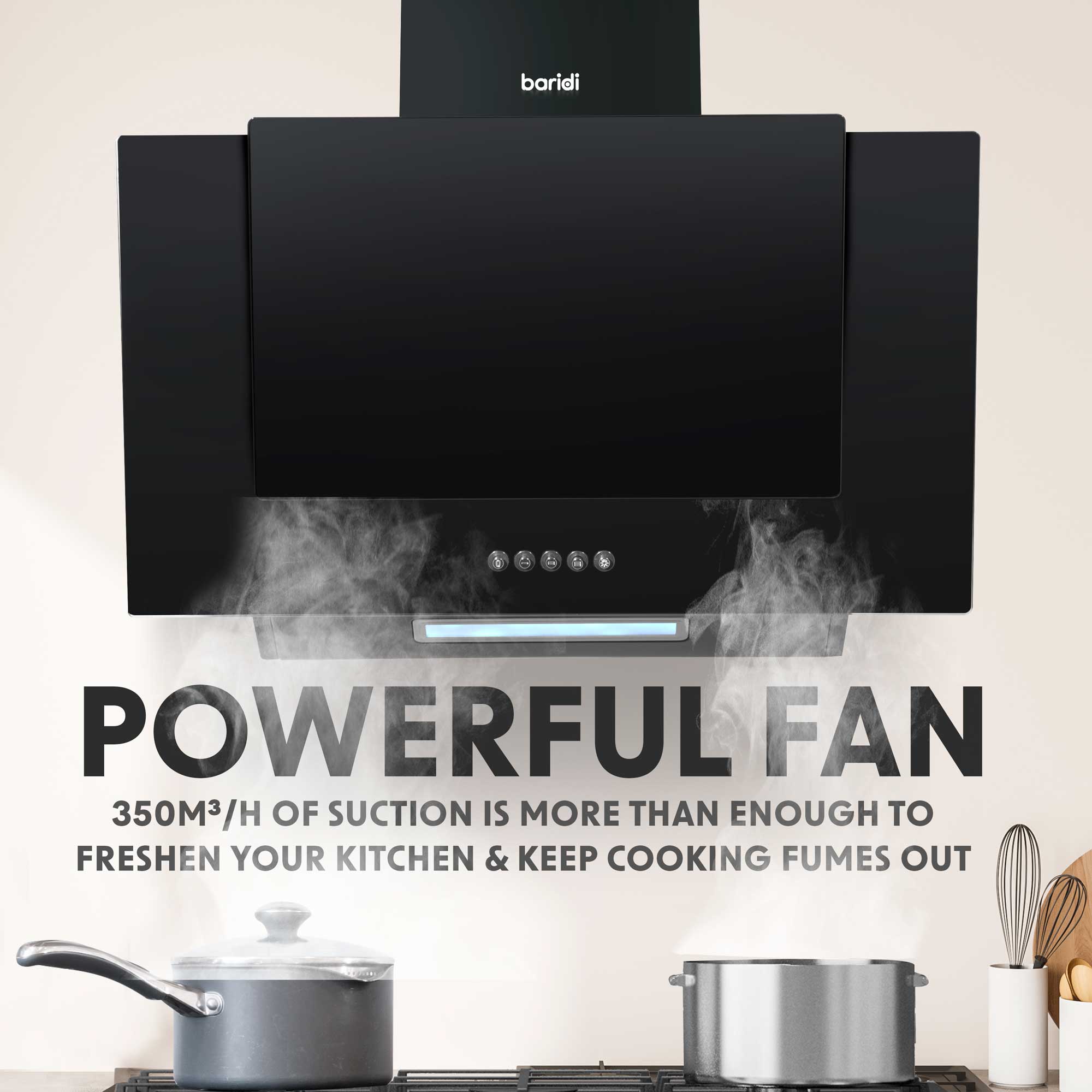 Baridi DH129 Extractor Hoods Action shot - infographic - power - suction